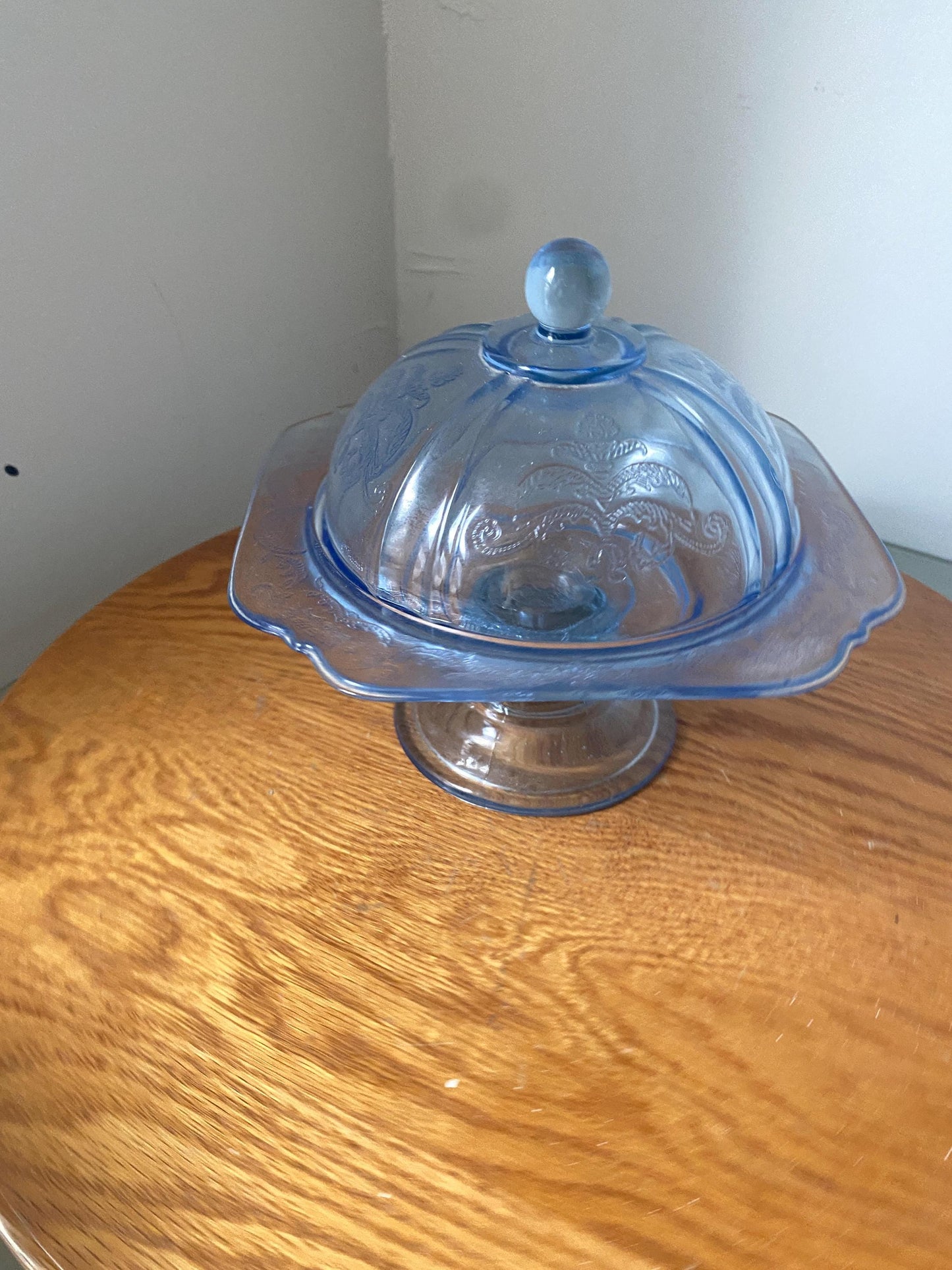 Vintage Indiana Glass Recollection Blue Madrid Pedestal Covered Candy Dish
