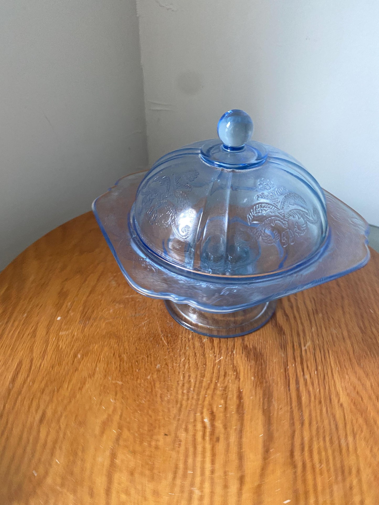 Vintage Indiana Glass Recollection Blue Madrid Pedestal Covered Candy Dish