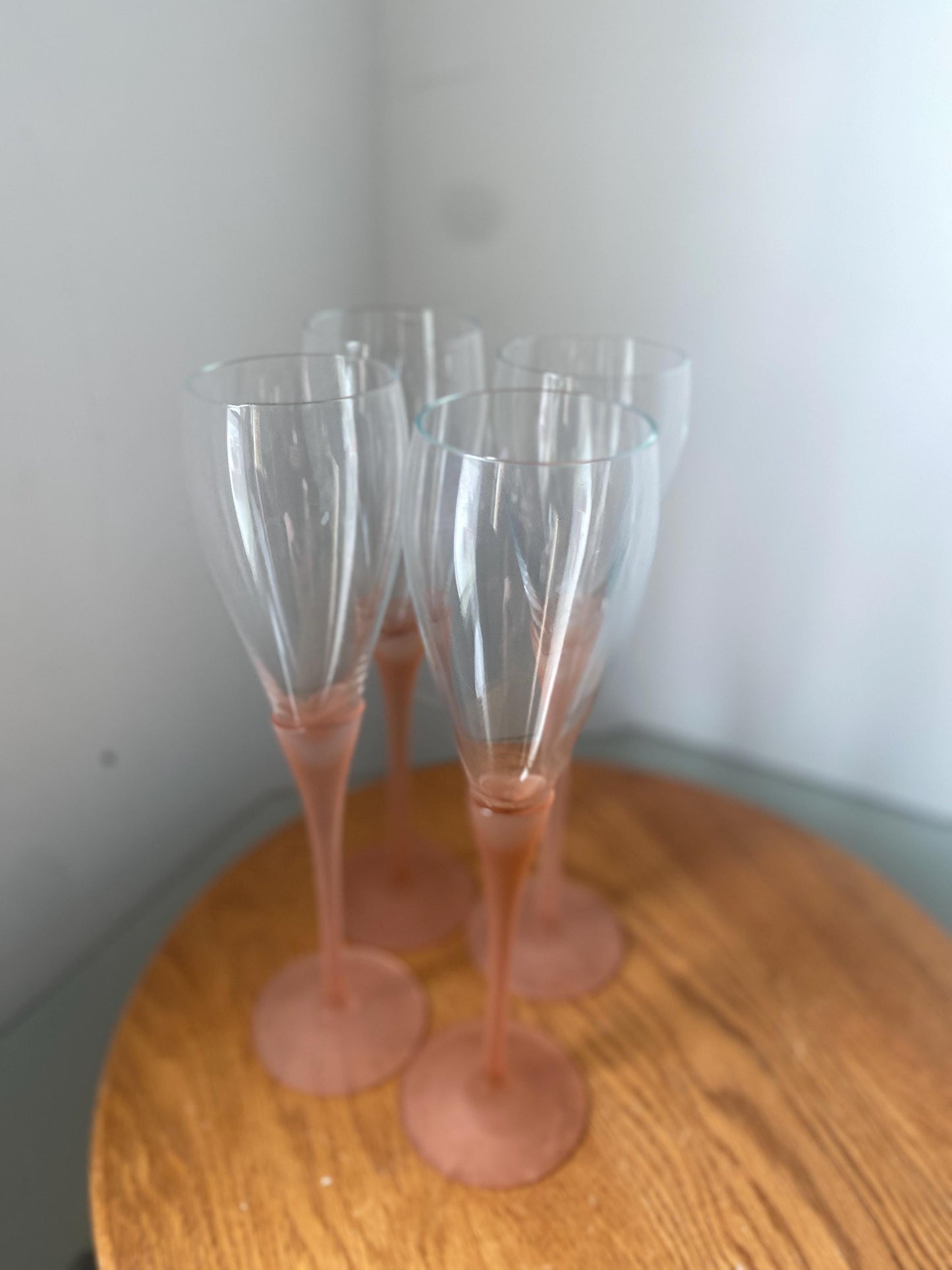 Vintage Set of 4 Tall Pink Frosted Stem Wine Glasses