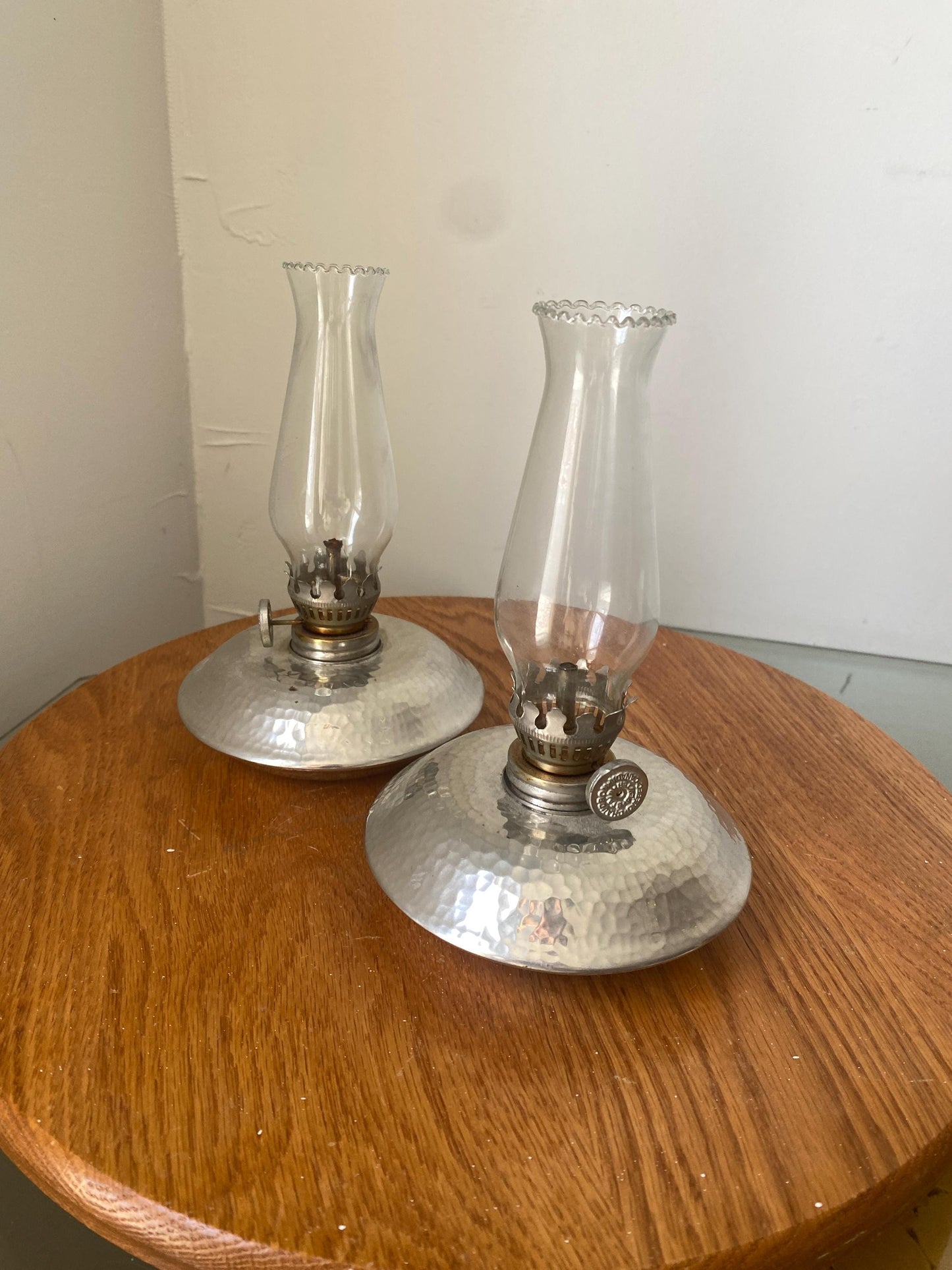 Pair of Vintage Atelier Bernard Chaudron Pewter Oil Lamps Made in Quebec