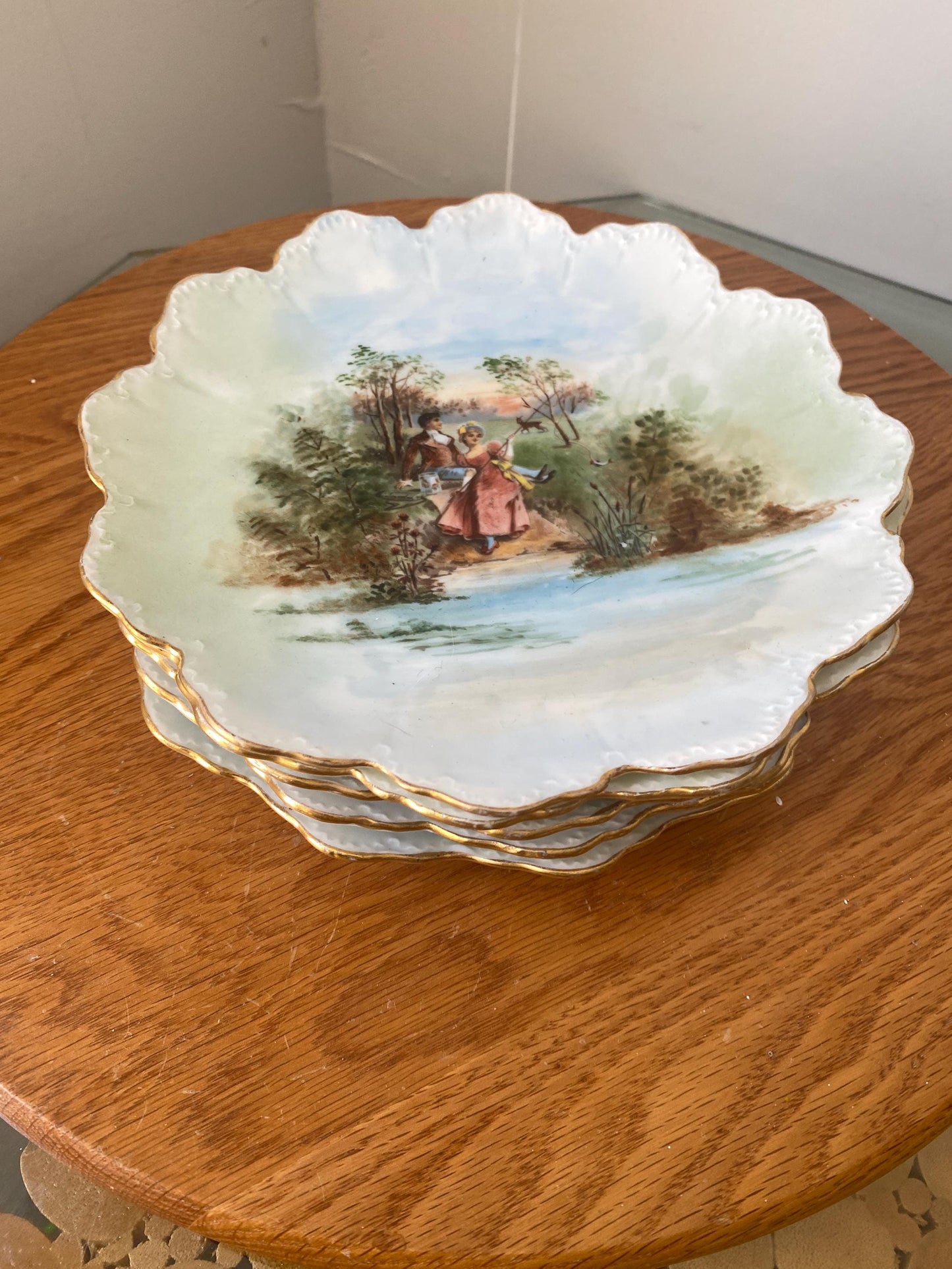 Set of 5 Antique R.C. Malmaison Bavaria Hand-Painted Porcelain Plates with Gilded Scalloped Rims