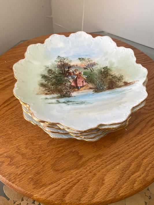 Set of 5 Antique R.C. Malmaison Bavaria Hand-Painted Porcelain Plates with Gilded Scalloped Rims