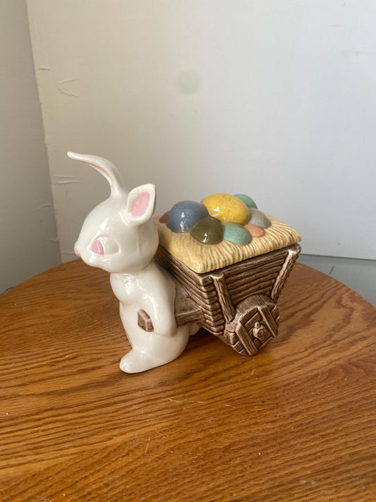 Vintage Ceramic White Bunny Pulling a Lidded Wagon