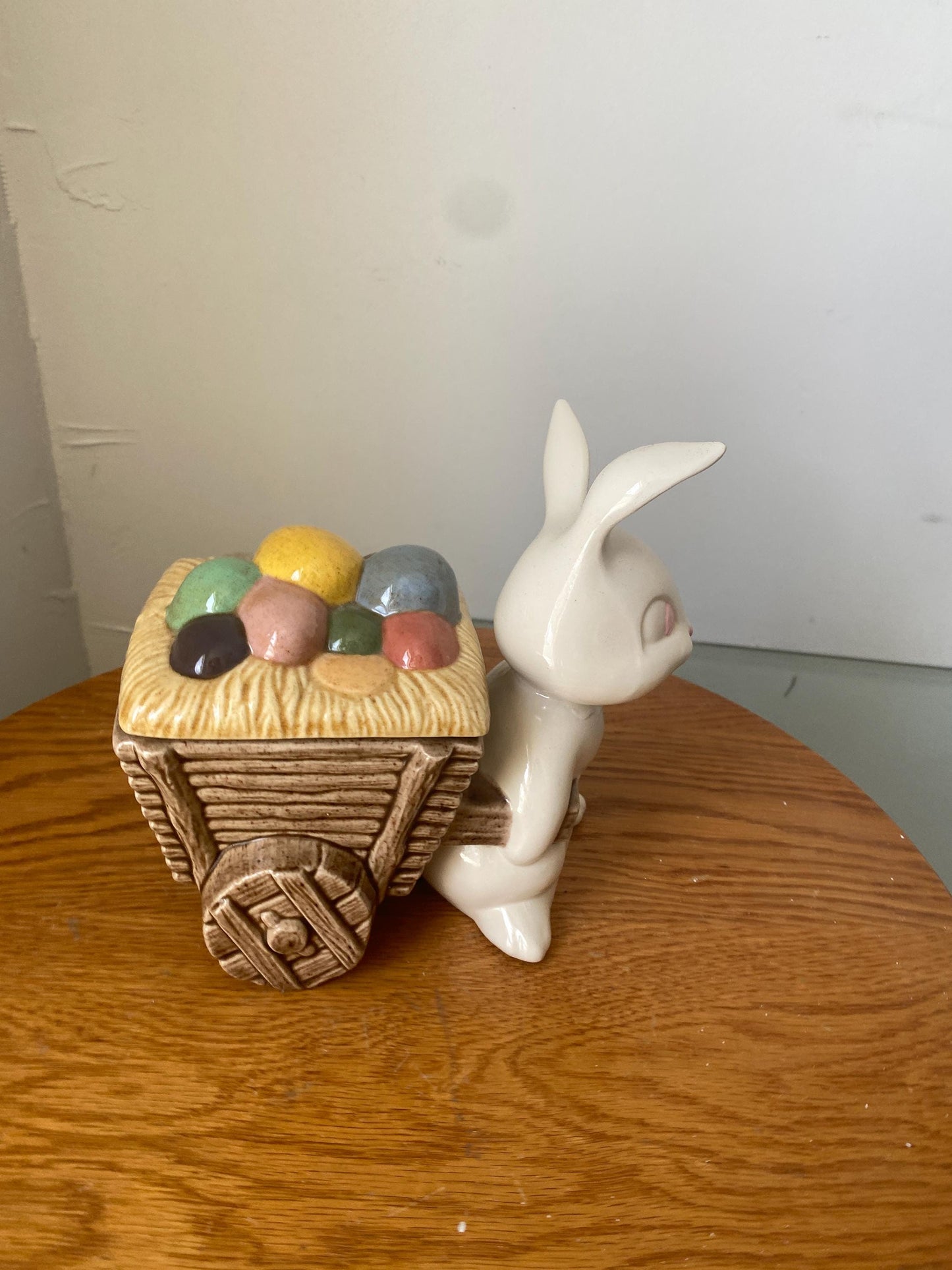 Vintage Ceramic White Bunny Pulling a Lidded Wagon