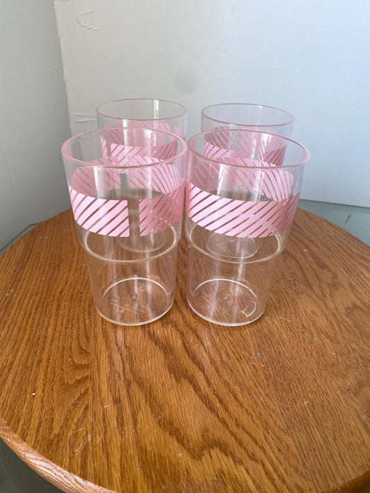 Retro Set of 4 Medium Clear and Pink Stripe Plastic Tumblers Made in Toronto