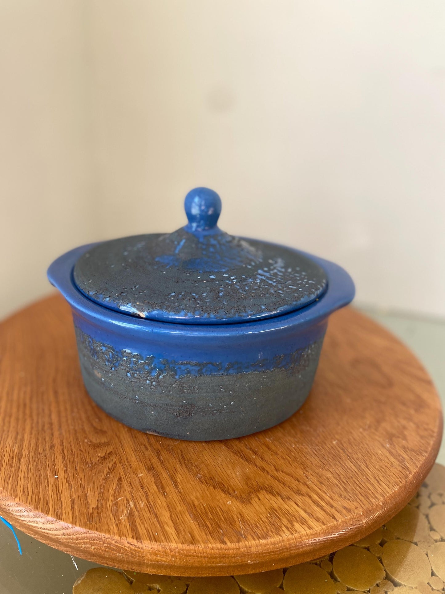 MCM Blue Lidded Pottery Dish with Black Lava Glaze