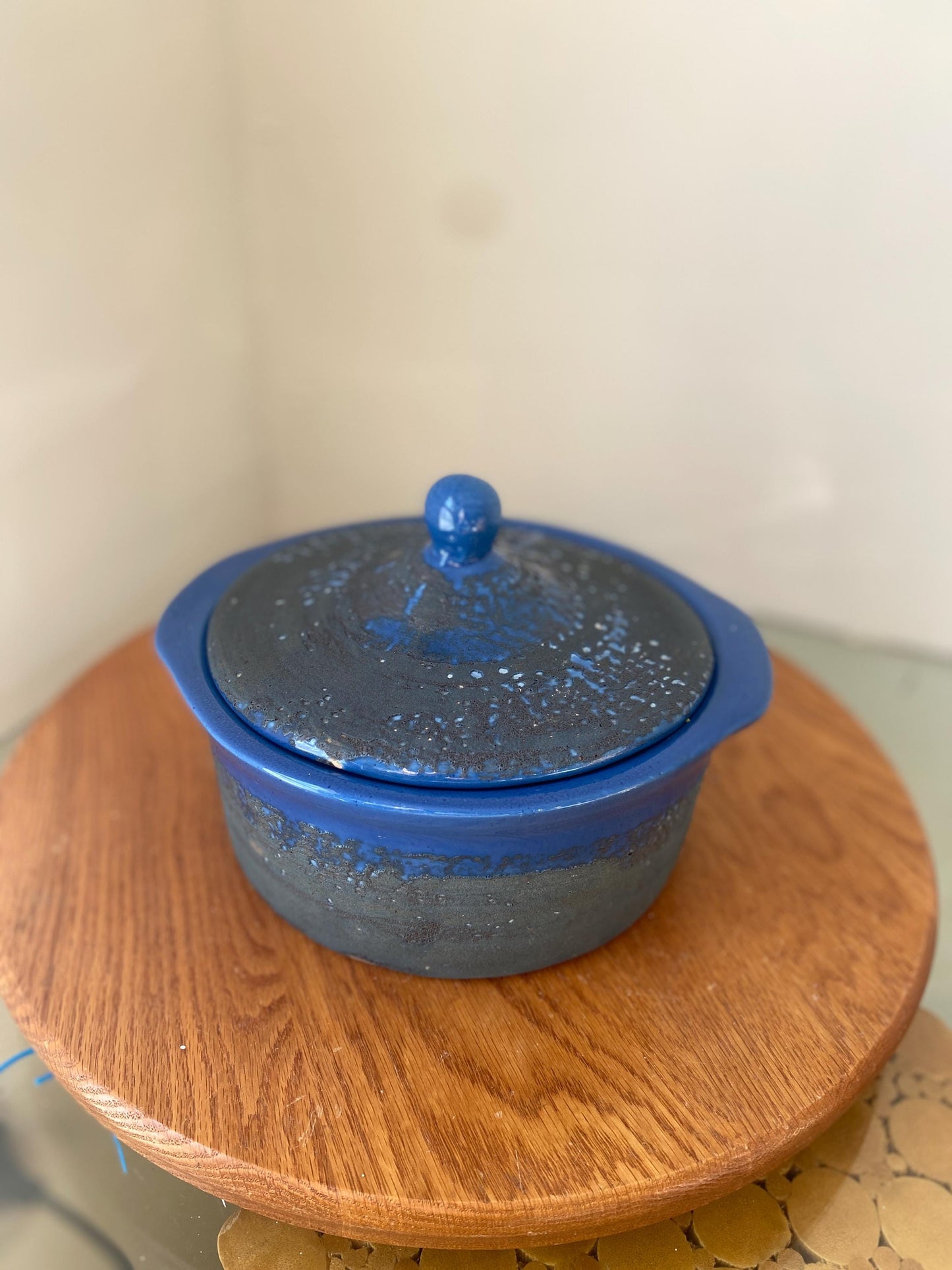MCM Blue Lidded Pottery Dish with Black Lava Glaze