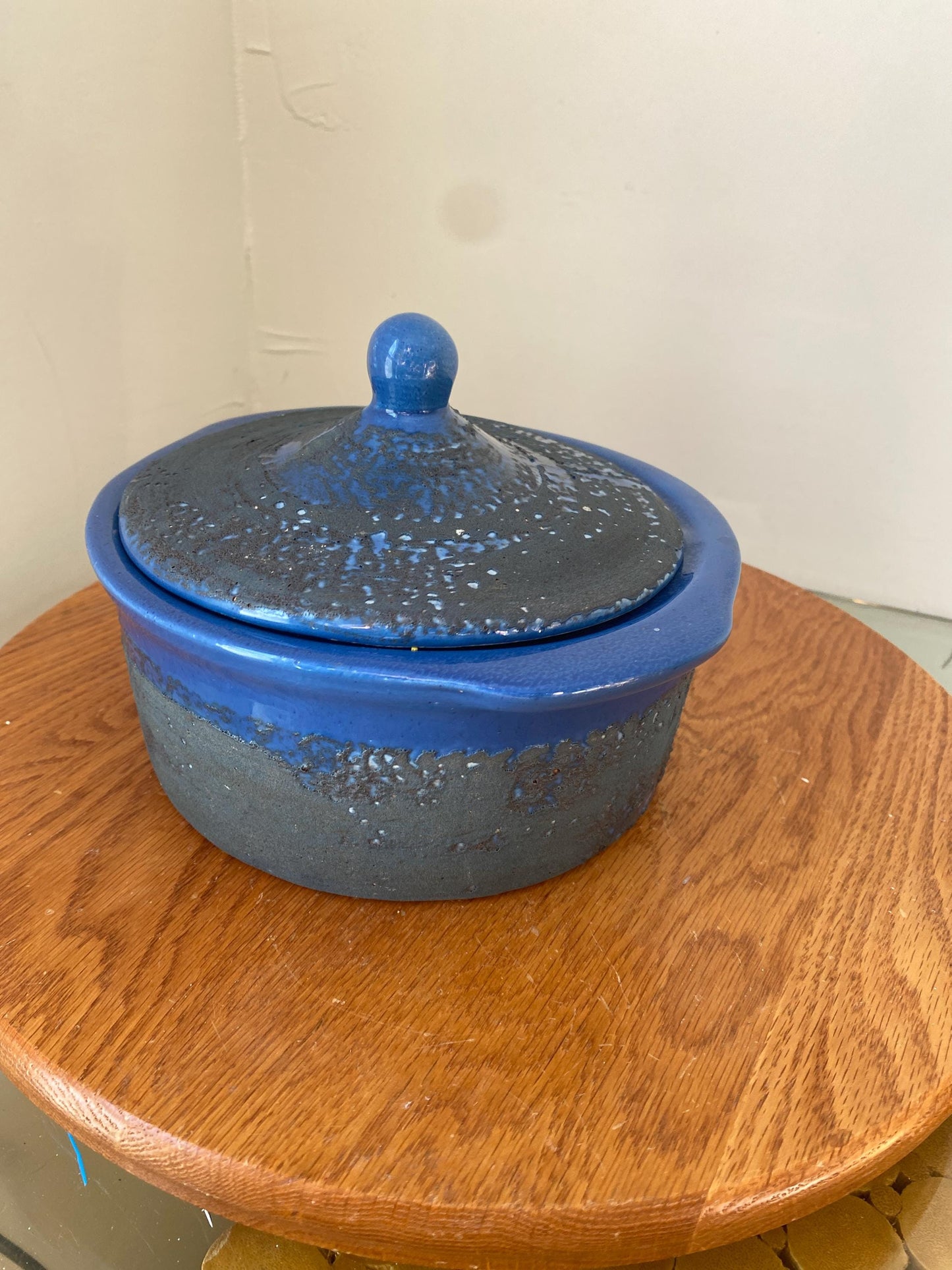 MCM Blue Lidded Pottery Dish with Black Lava Glaze