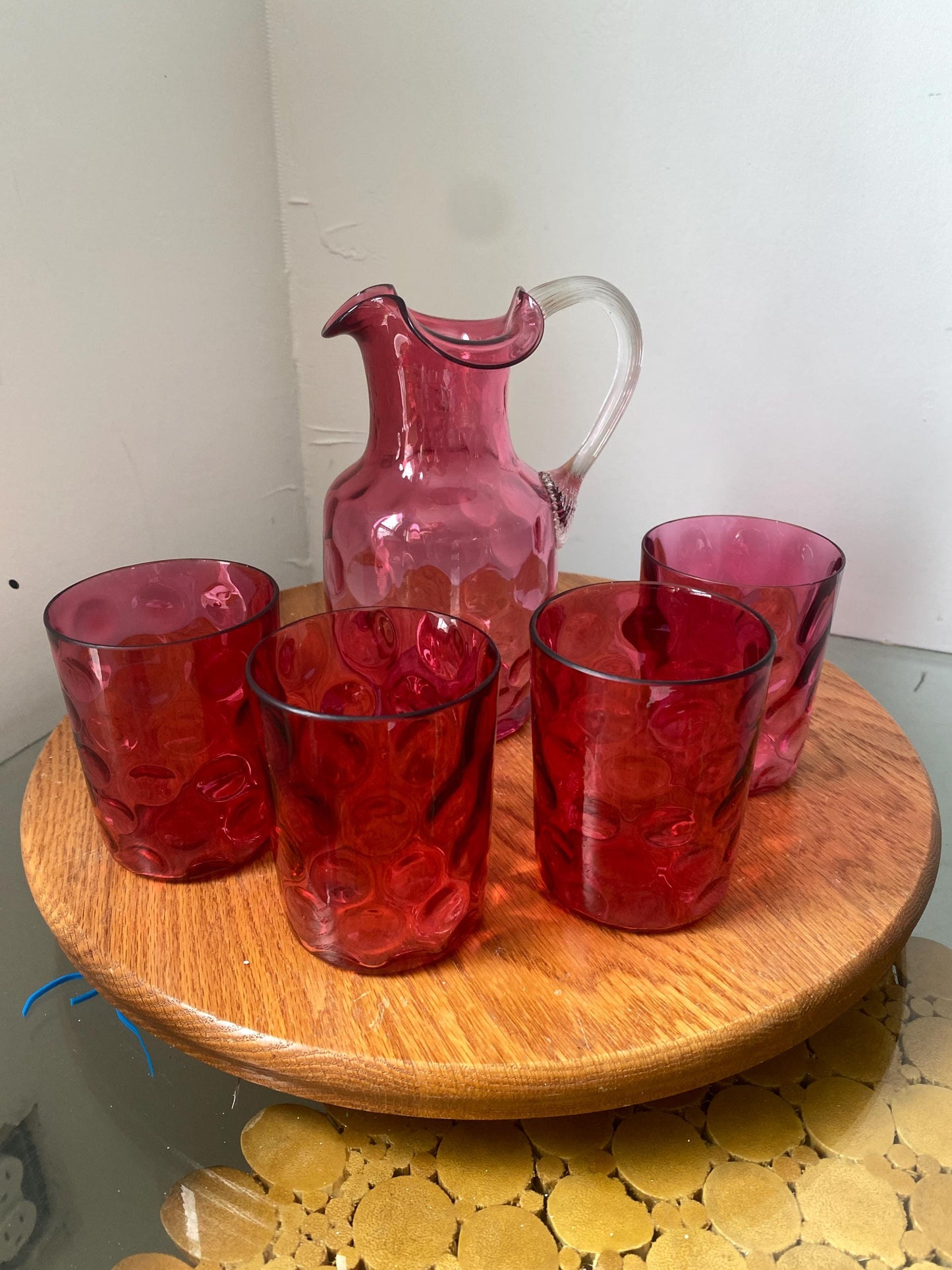 Vintage Set of Cranberry Coinspot Hand Blown Pitcher and 4 Short Glasses