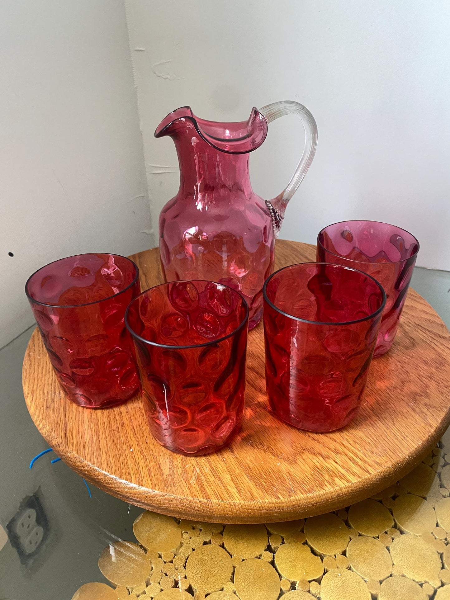 Vintage Set of Cranberry Coinspot Hand Blown Pitcher and 4 Short Glasses