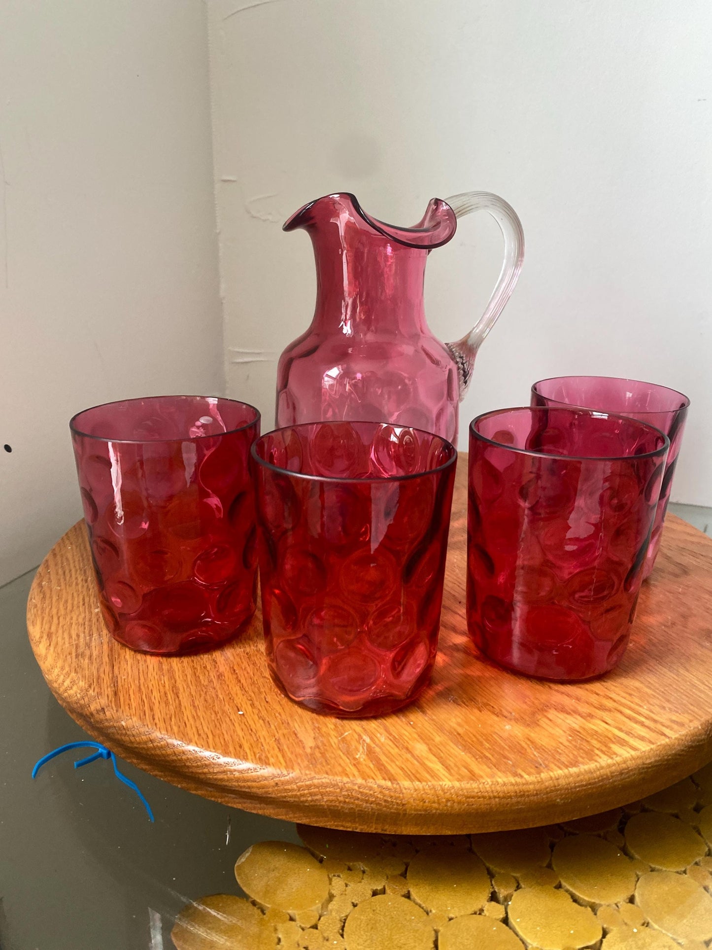 Vintage Set of Cranberry Coinspot Hand Blown Pitcher and 4 Short Glasses