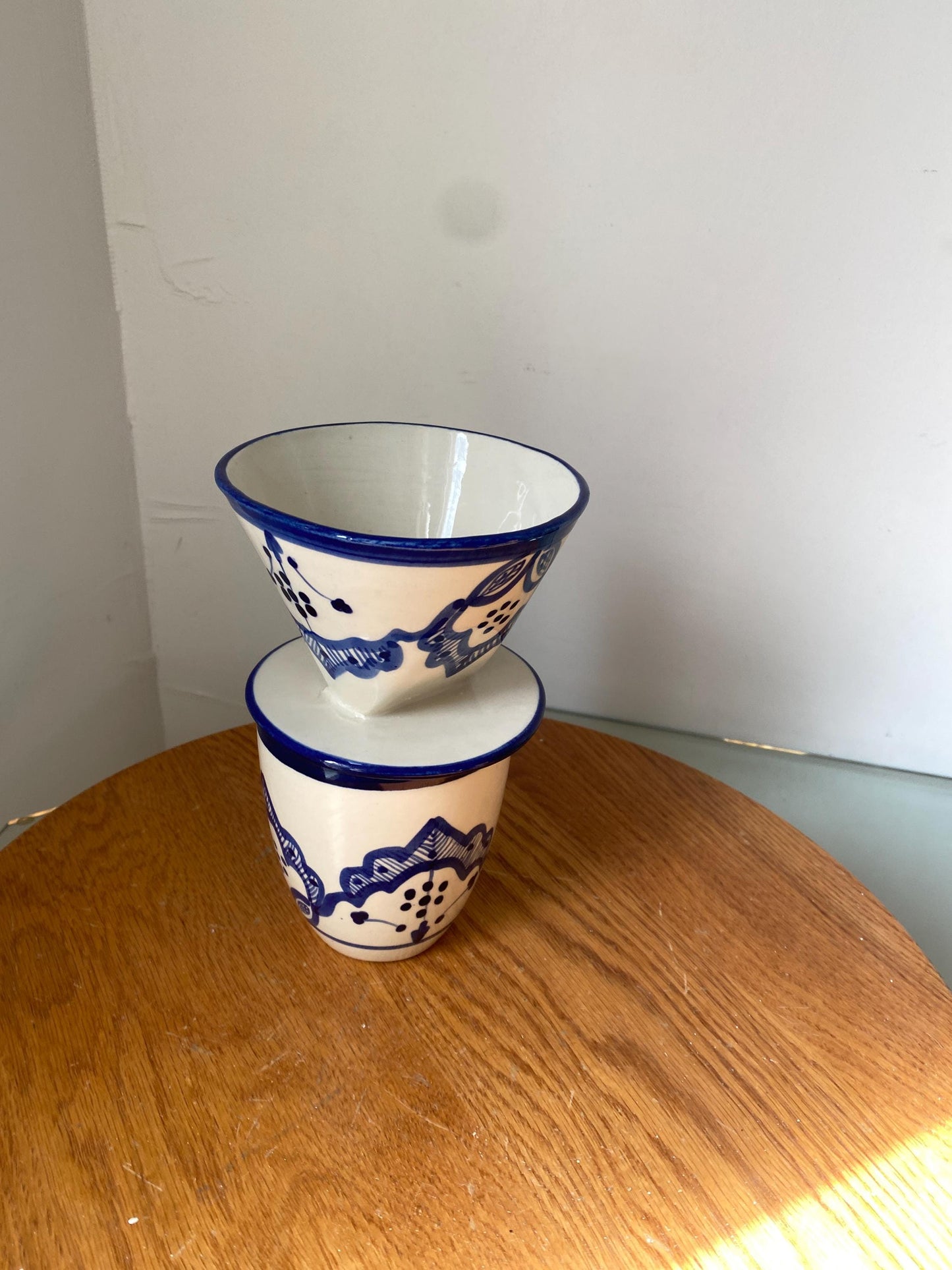 Handmade Blue and White Pottery Pour Over Individual Drip Coffee with Matching Cup