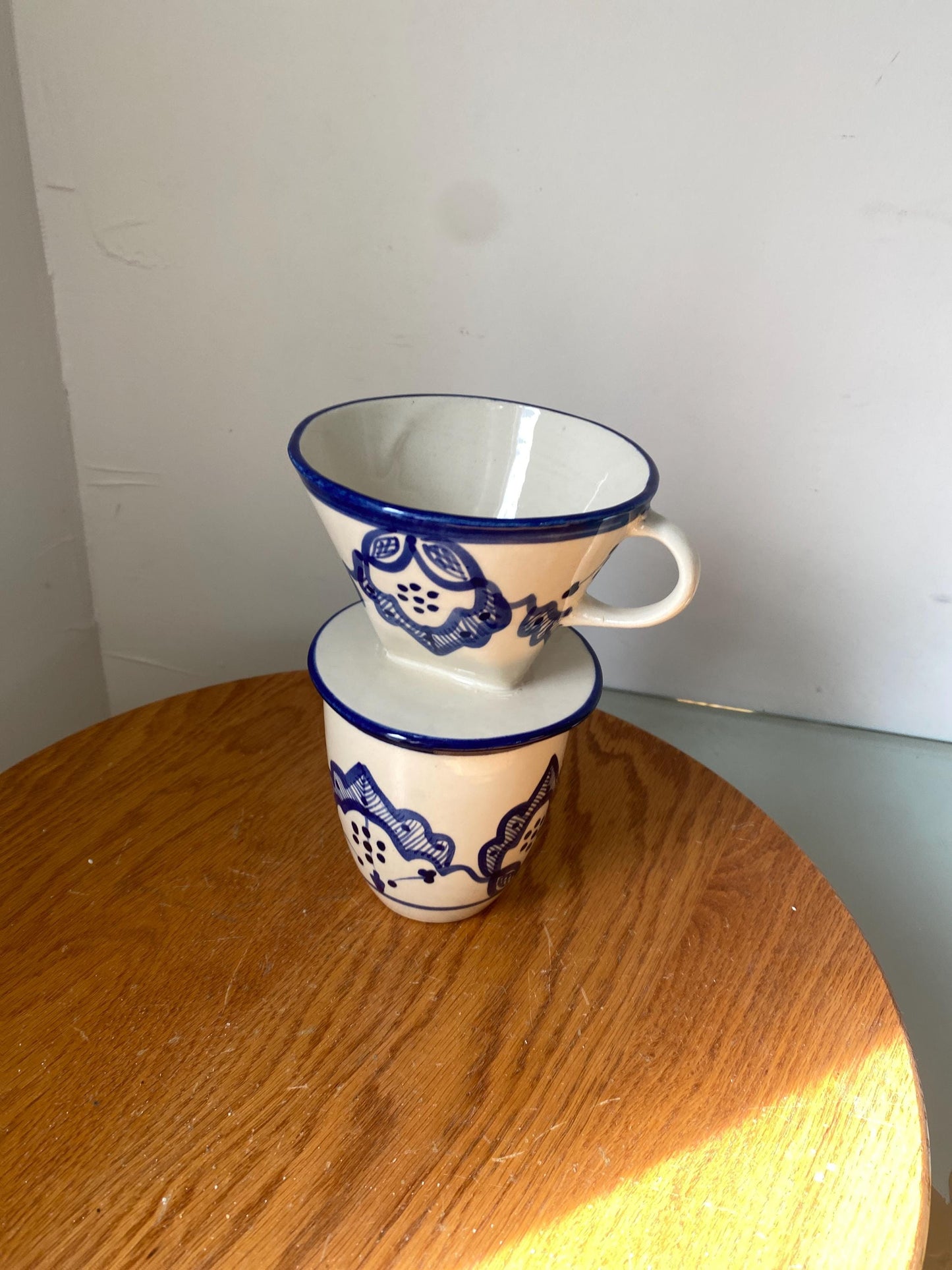 Handmade Blue and White Pottery Pour Over Individual Drip Coffee with Matching Cup