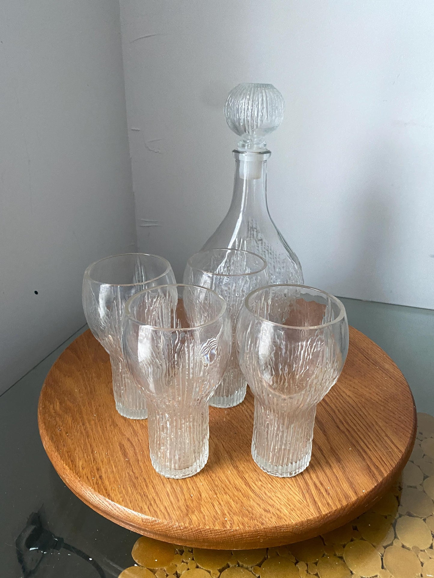 MCM Oberglas Decanter Austria Textured Glass Decanter with 4 Matching Glasses
