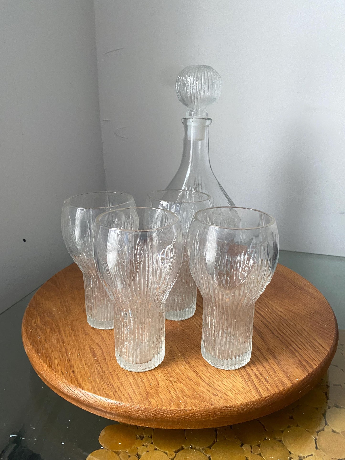 MCM Oberglas Decanter Austria Textured Glass Decanter with 4 Matching Glasses