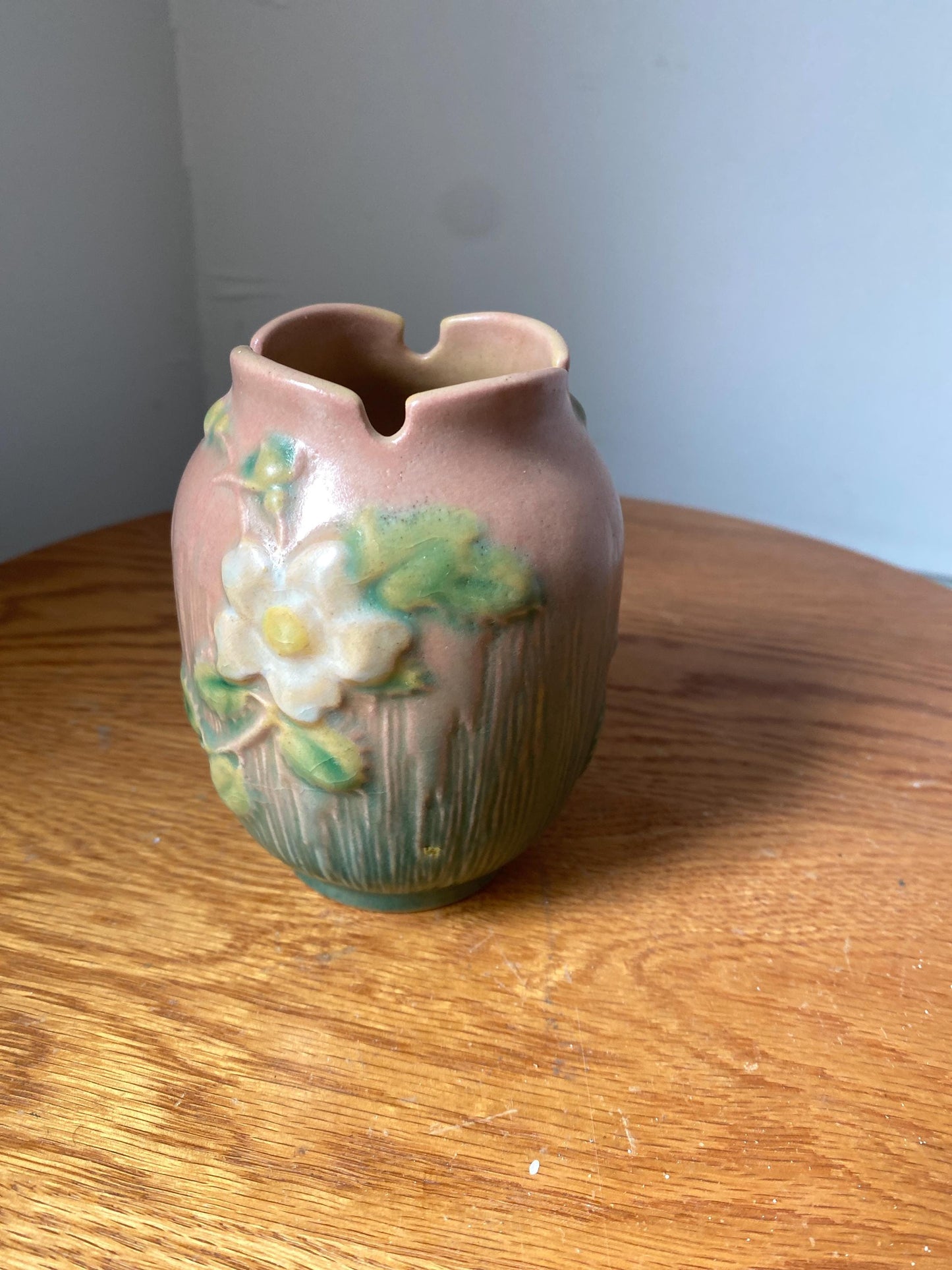 Antique Roseville Pink White Rose Miniature Pottery Jardiniere Made In USA 978-4