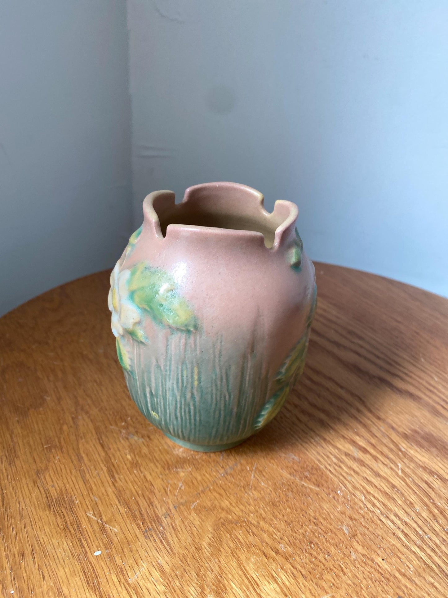 Antique Roseville Pink White Rose Miniature Pottery Jardiniere Made In USA 978-4