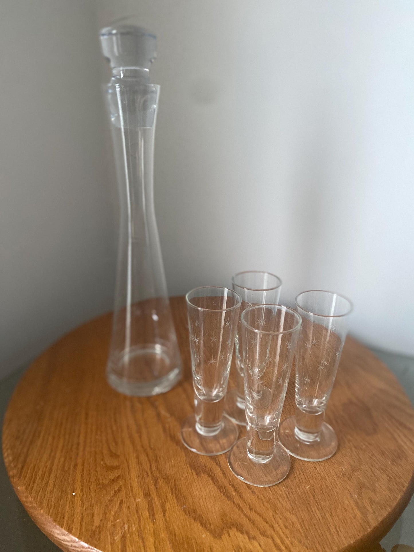 MCM Etched Starburst Decanter with 14 Clear Shot Glasses