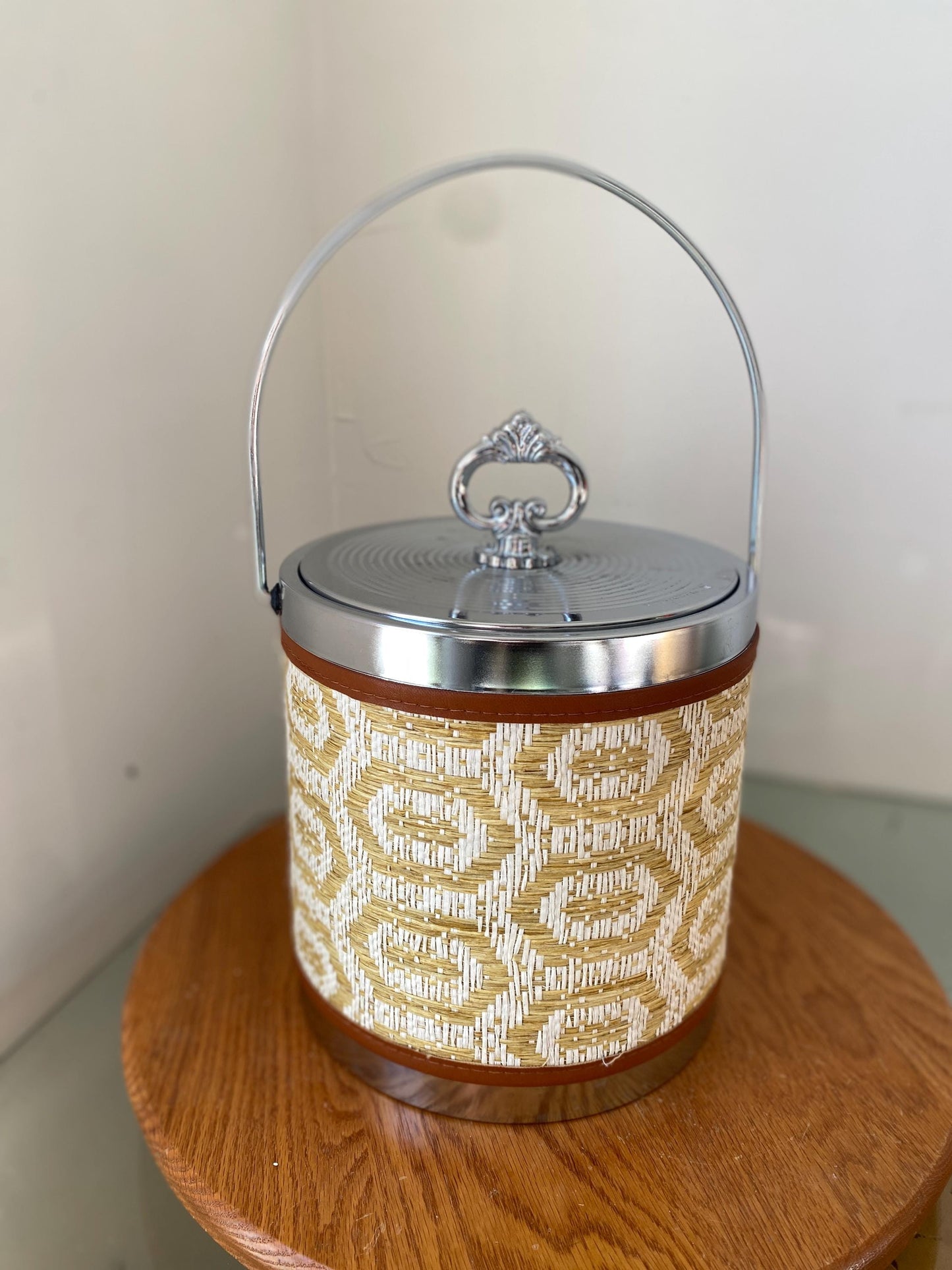 MCM Cream and White Woven Raffia Insulated Ice Bucket with Silver Metal Detail