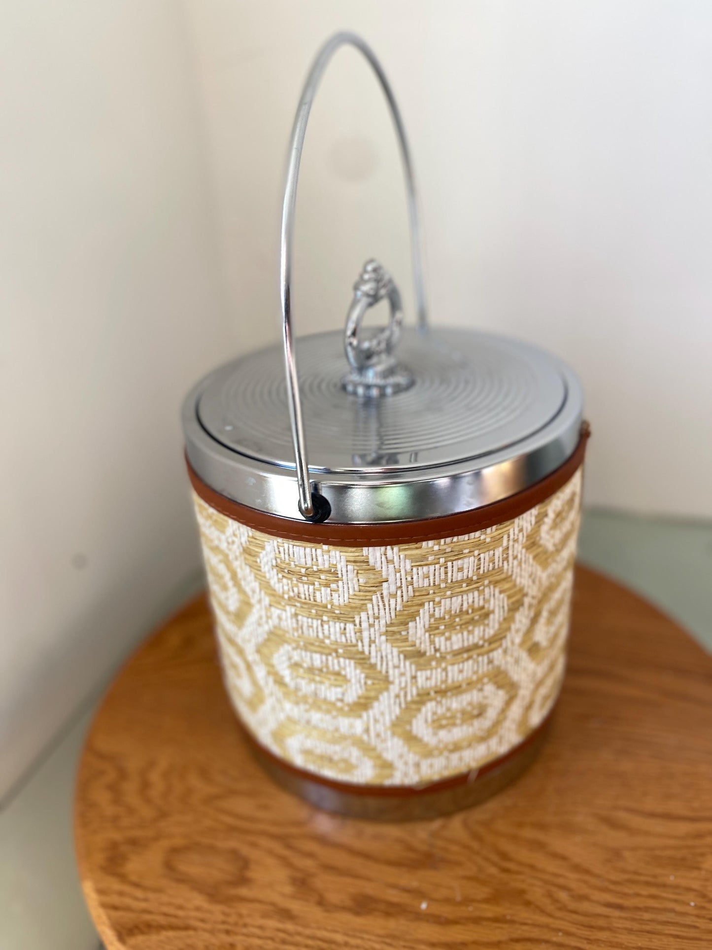 MCM Cream and White Woven Raffia Insulated Ice Bucket with Silver Metal Detail
