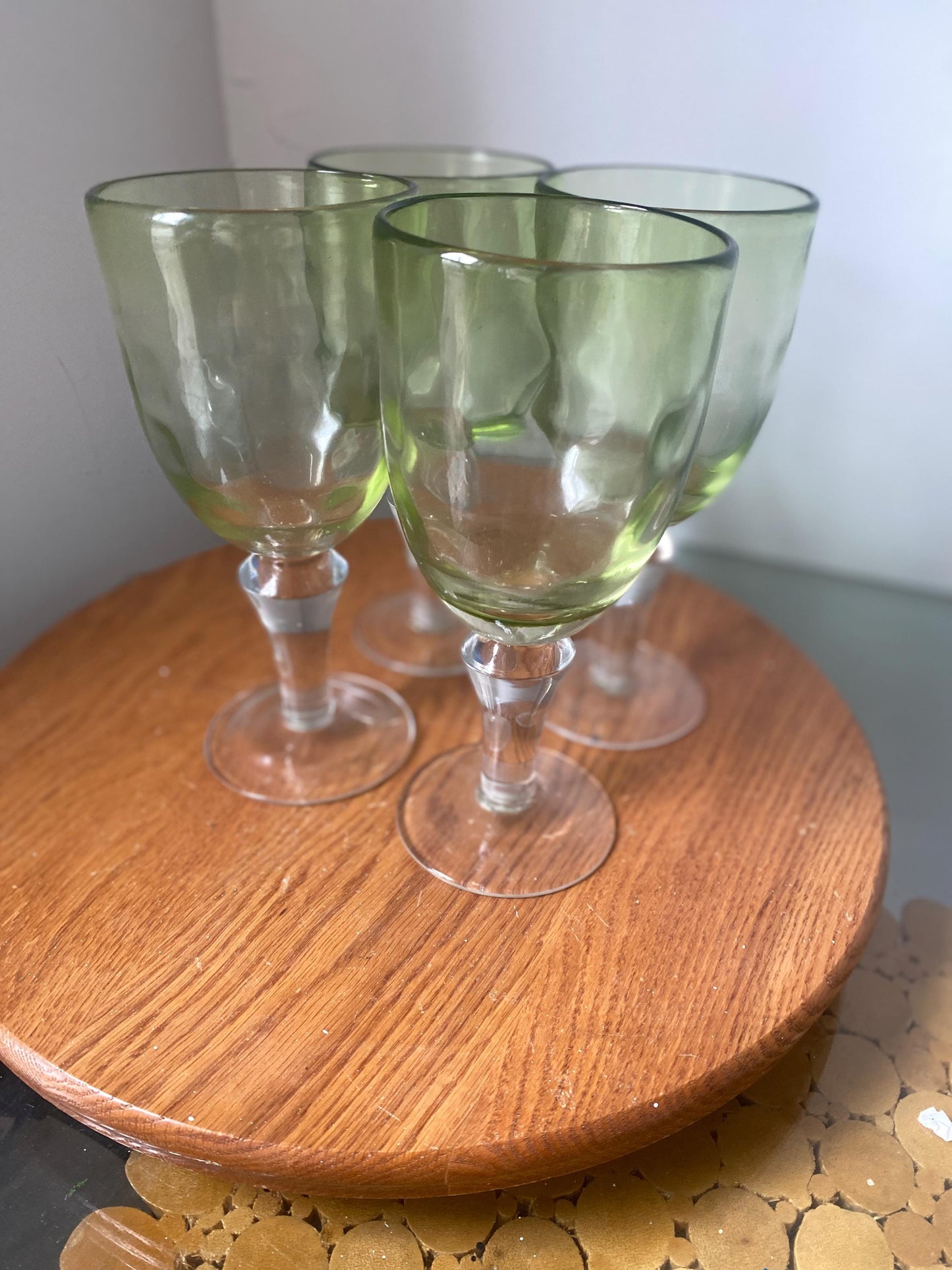 Set of 4 Vintage Heavy Light Green Bubble Glass Footed Wine Glasses