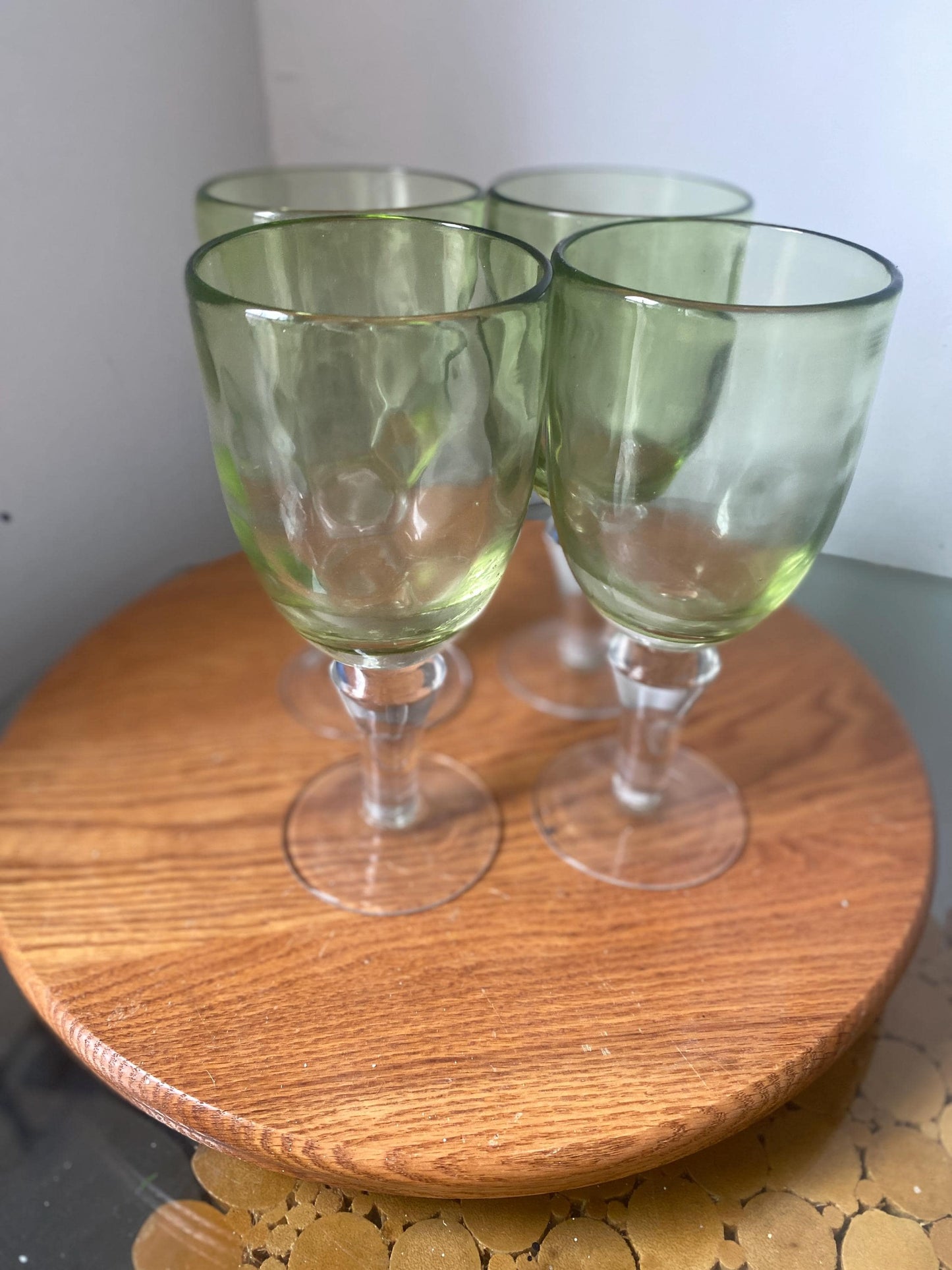 Set of 4 Vintage Heavy Light Green Bubble Glass Footed Wine Glasses