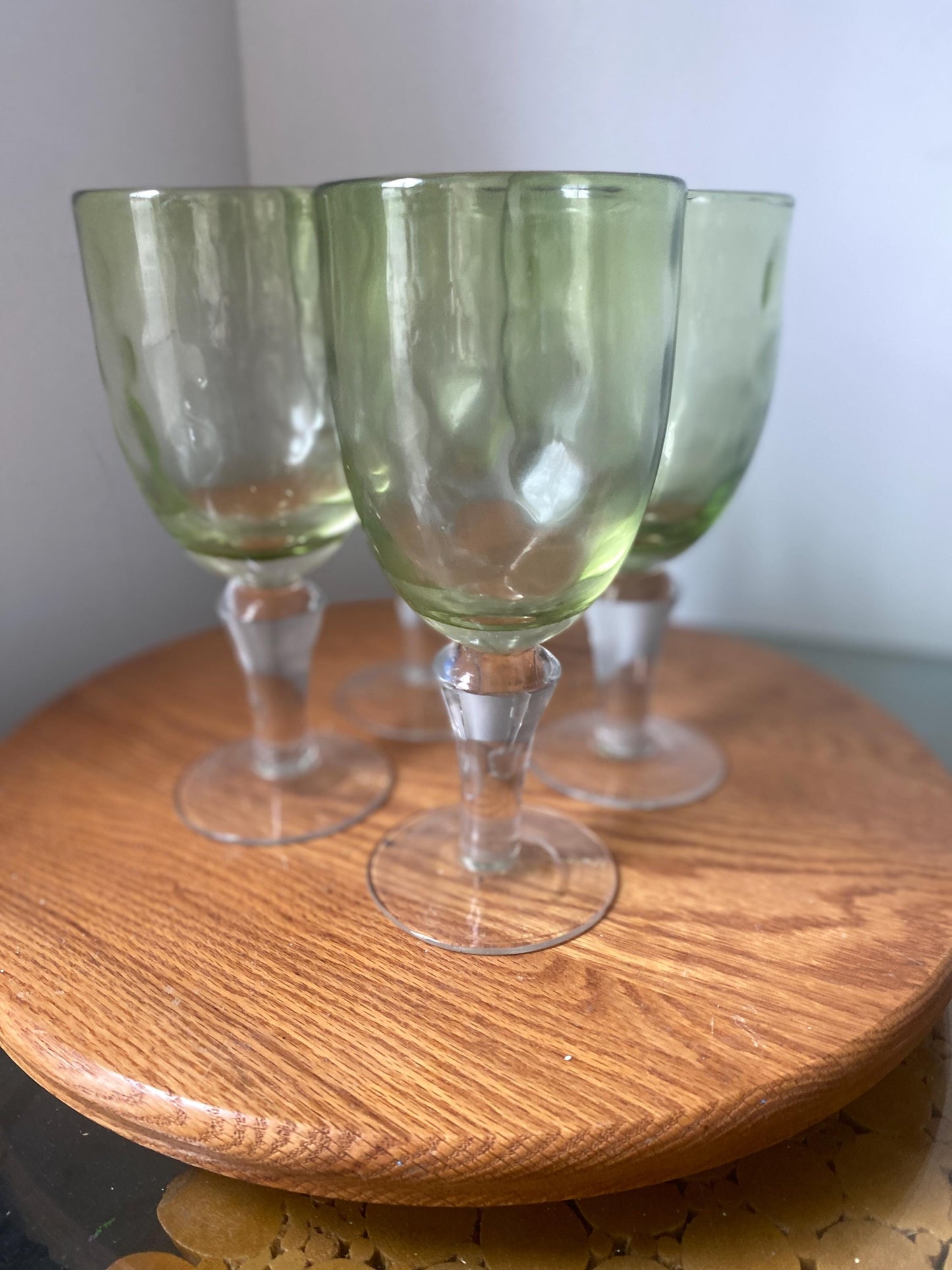 Set of 4 Vintage Heavy Light Green Bubble Glass Footed Wine Glasses
