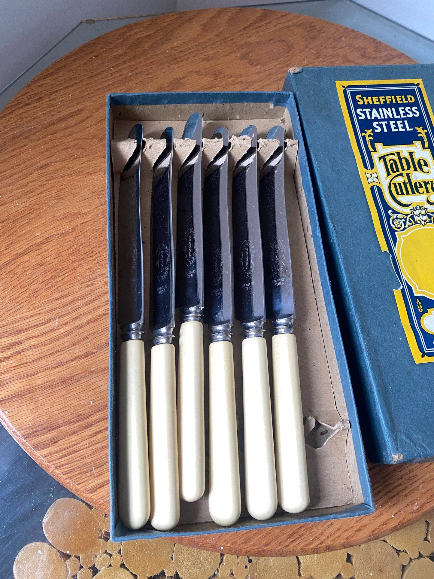 Set of 6 Antique Stainless Steel Sheffield Butter Knives with Celluloid Handle in Original Box Made in England