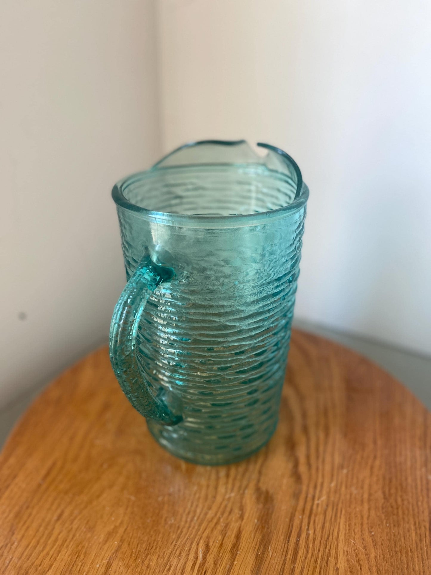 Large Vintage Textured Aqua Blue Glass Pitcher=