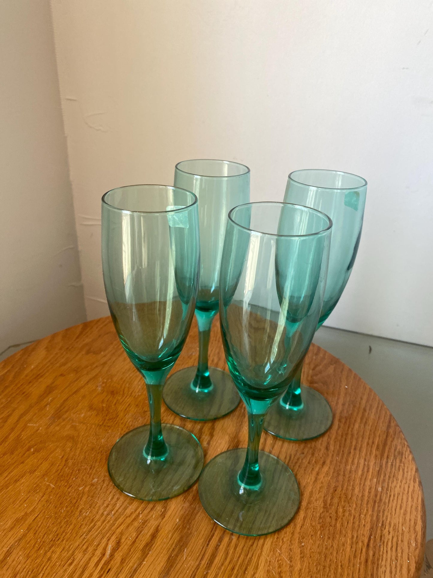 Vintage Set of 4 Aqua Blue Luminarc Champagne Flutes Made in France