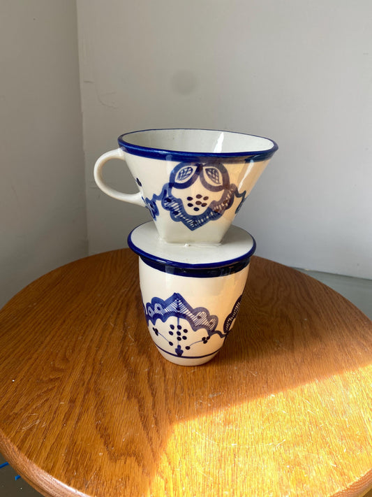 Handmade Blue and White Pottery Pour Over Individual Drip Coffee with Matching Cup
