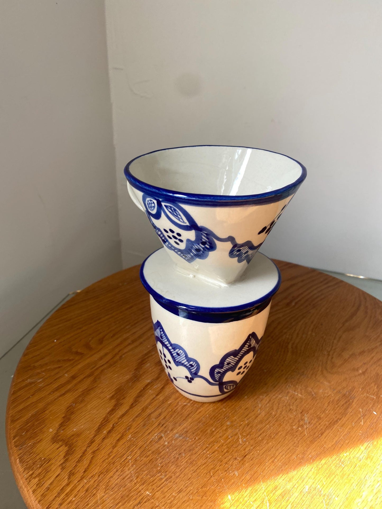 Handmade Blue and White Pottery Pour Over Individual Drip Coffee with Matching Cup