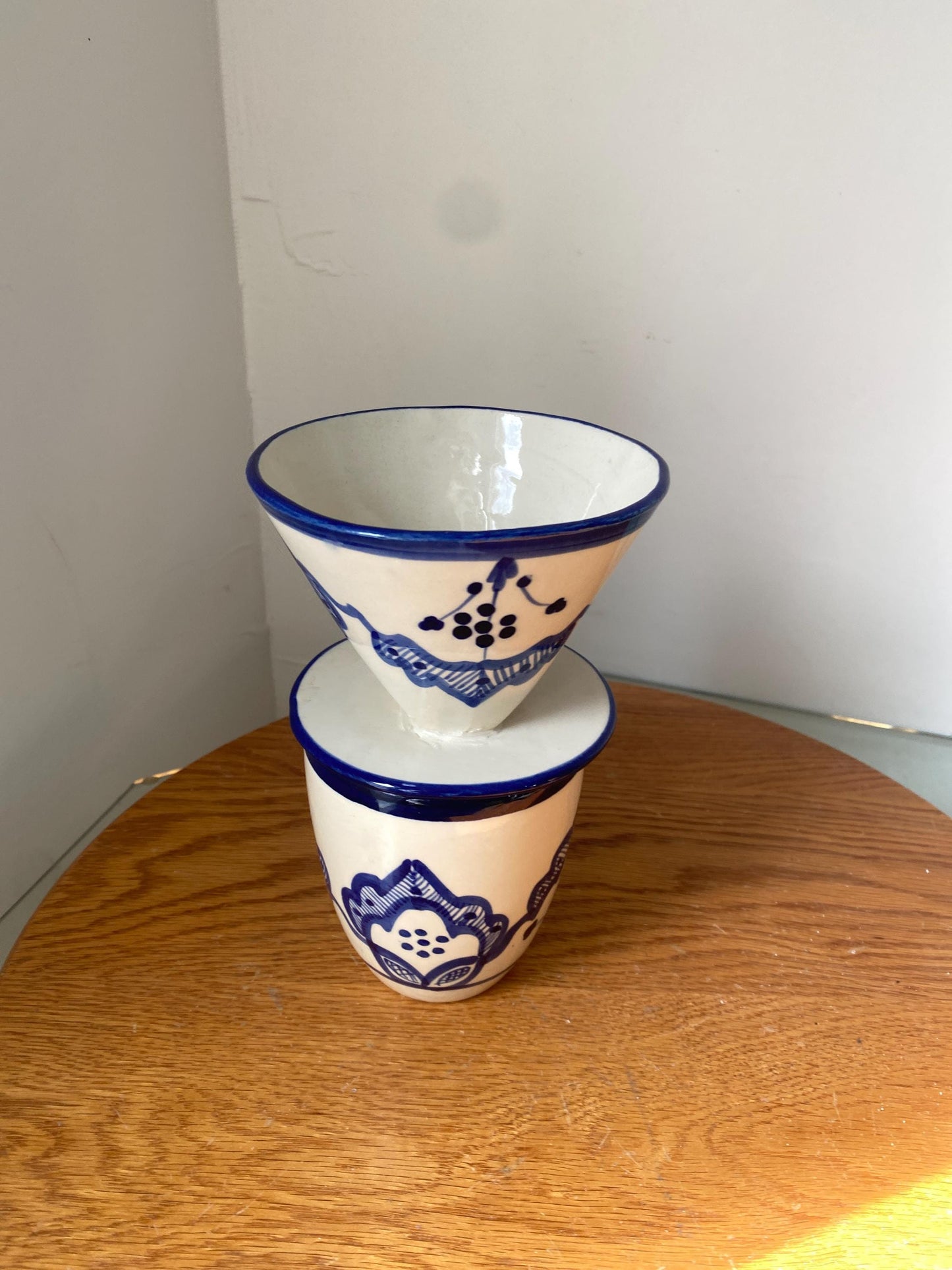 Handmade Blue and White Pottery Pour Over Individual Drip Coffee with Matching Cup