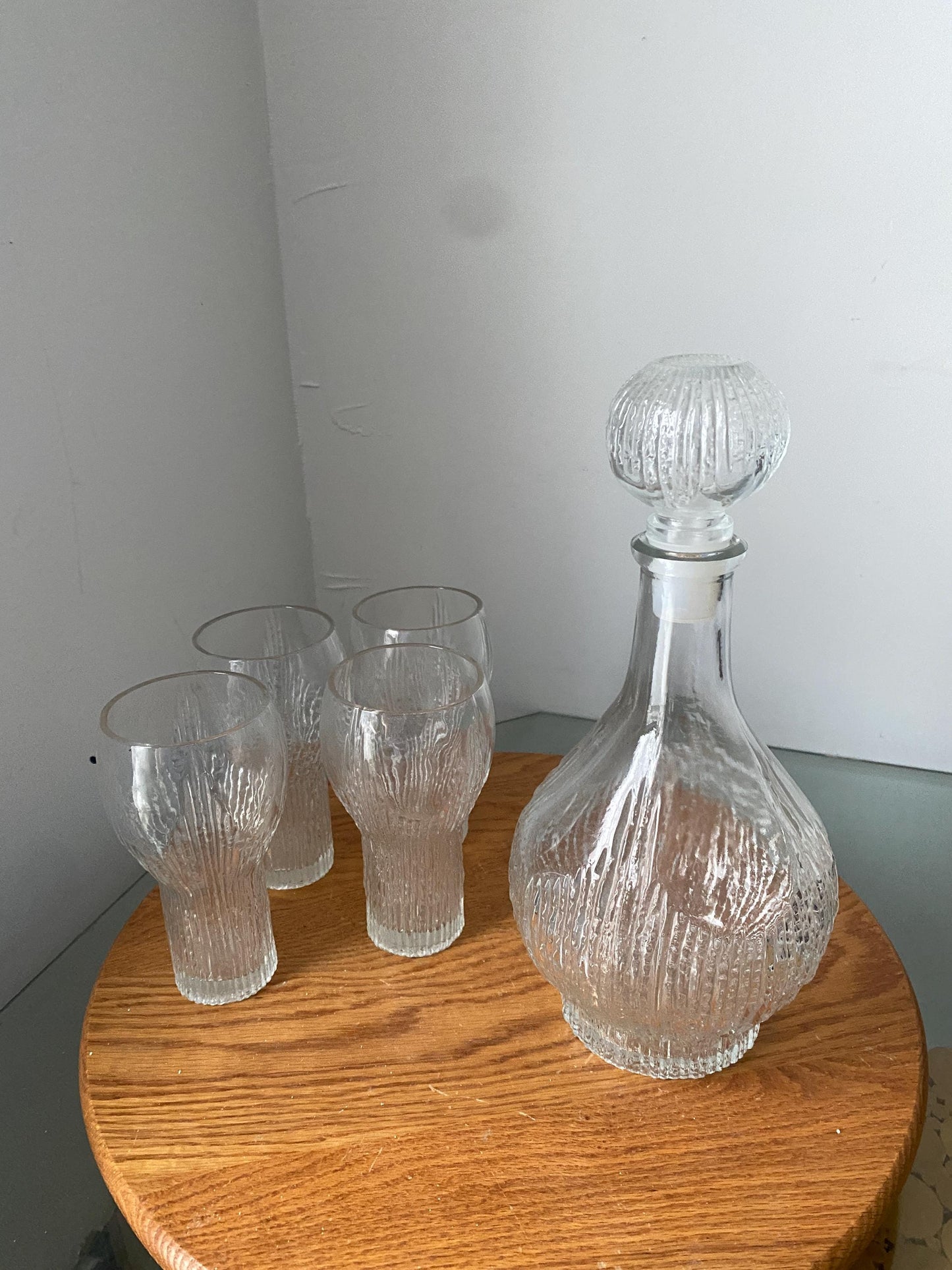 MCM Oberglas Decanter Austria Textured Glass Decanter with 4 Matching Glasses