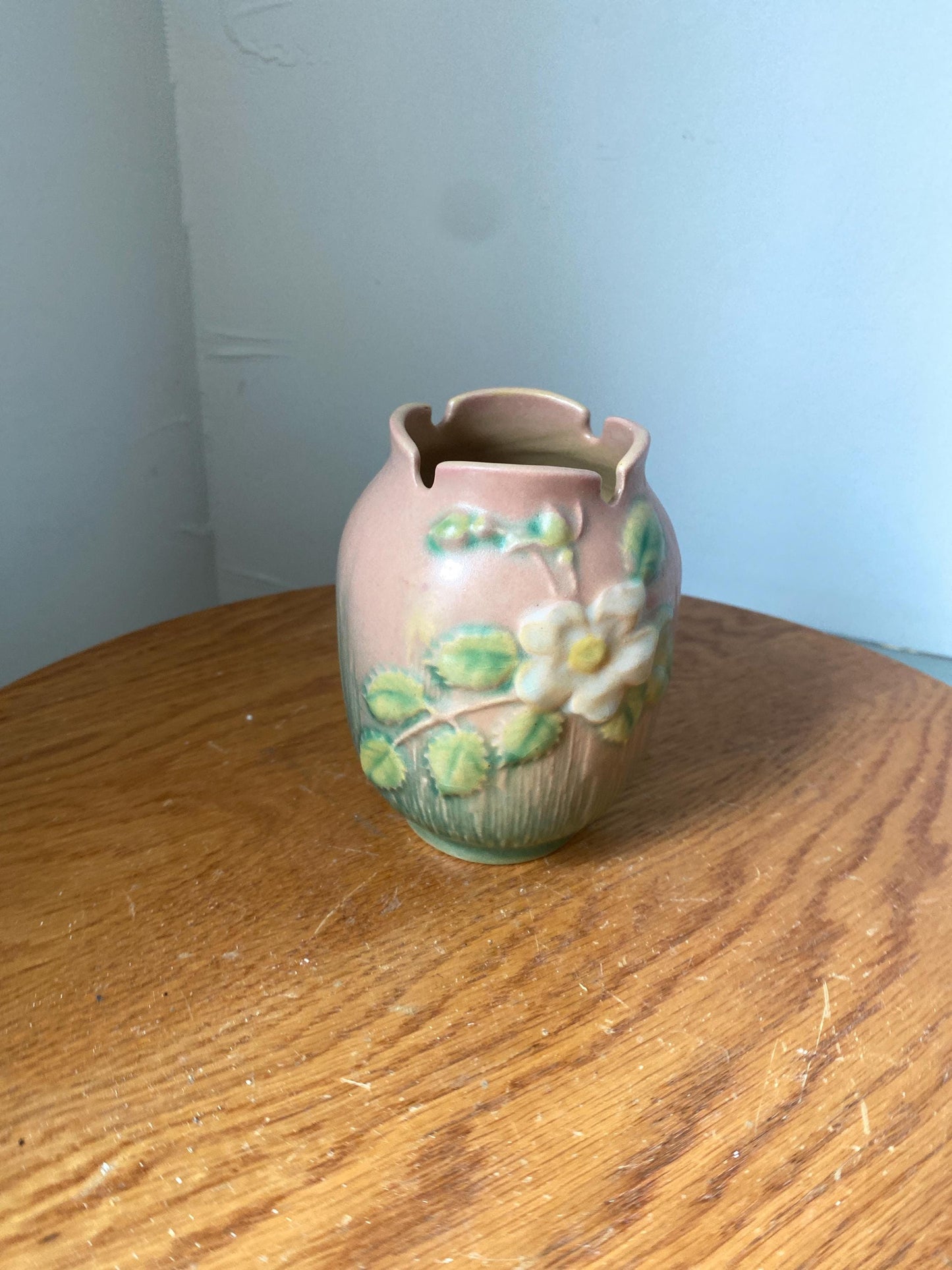 Antique Roseville Pink White Rose Miniature Pottery Jardiniere Made In USA 978-4