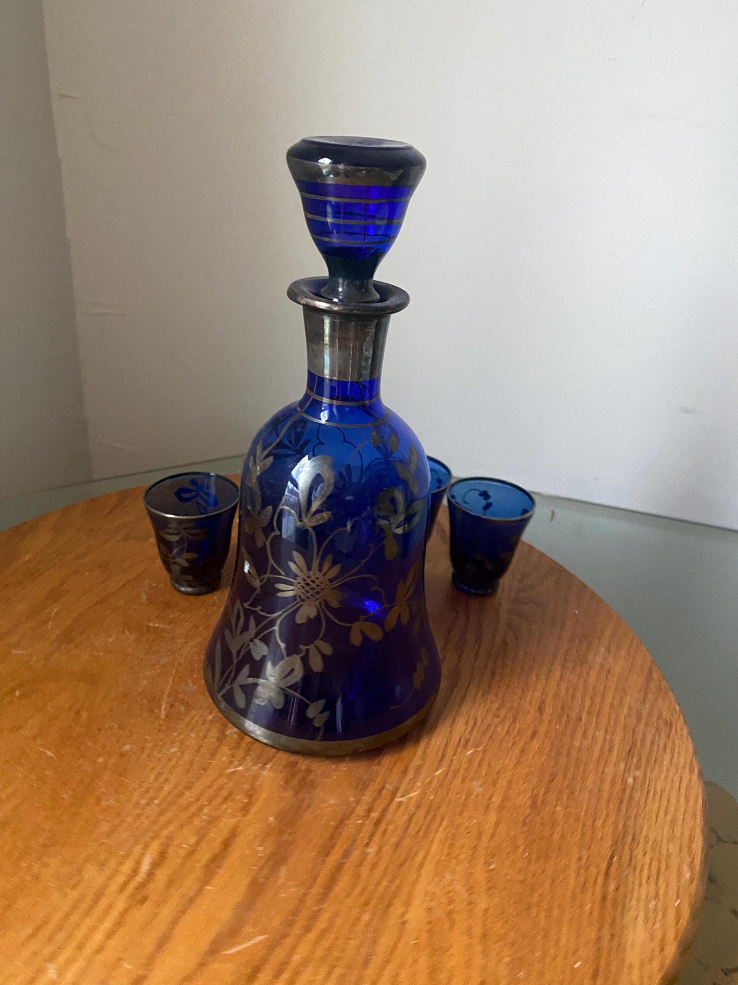 Vintage Cobalt Glass Decanter with Silver Overlay and 4 Small Glasses