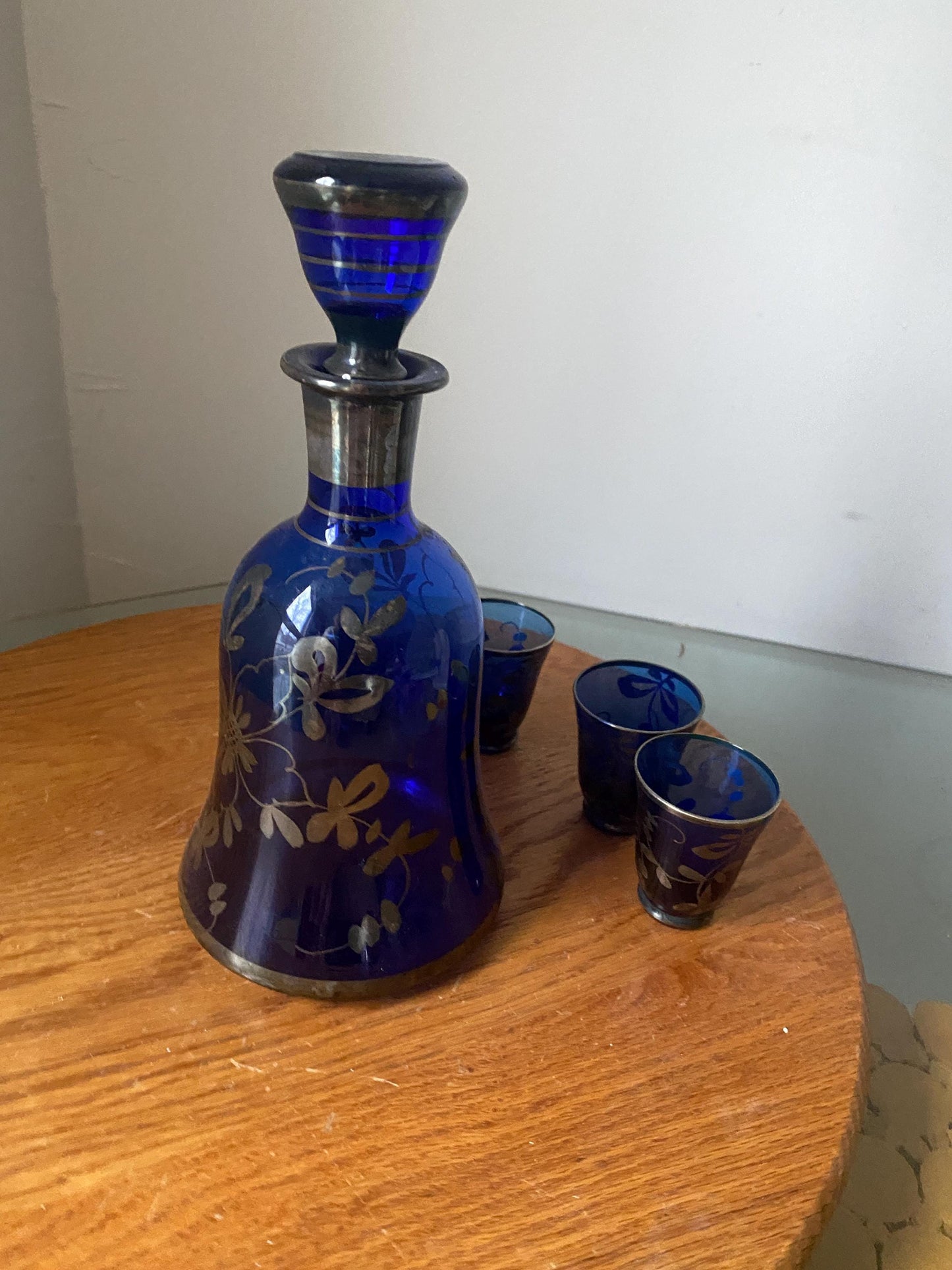Vintage Cobalt Glass Decanter with Silver Overlay and 4 Small Glasses