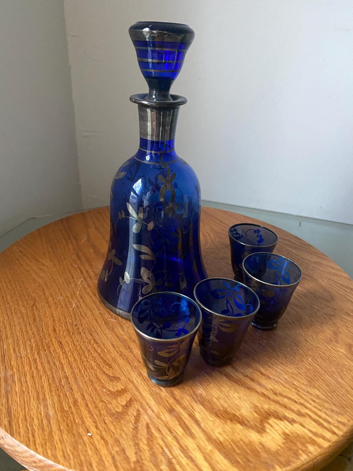 Vintage Cobalt Glass Decanter with Silver Overlay and 4 Small Glasses