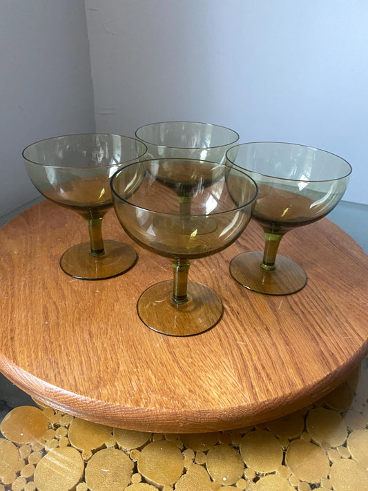 Set of 4 Short Vintage Olive Green Wine Glasses