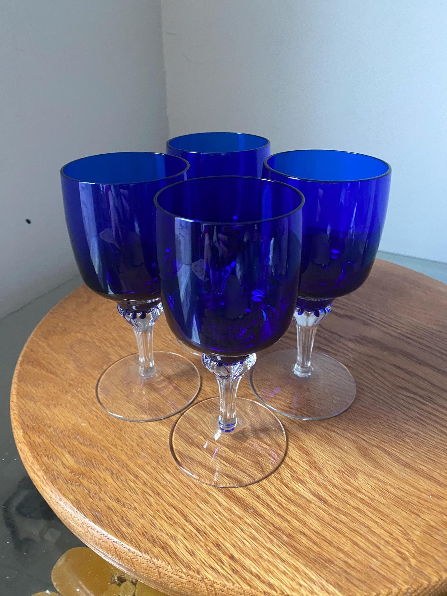 Set of 4 Vintage Cobalt Blue Bowl Wine Glasses with Pulled Clear Stem