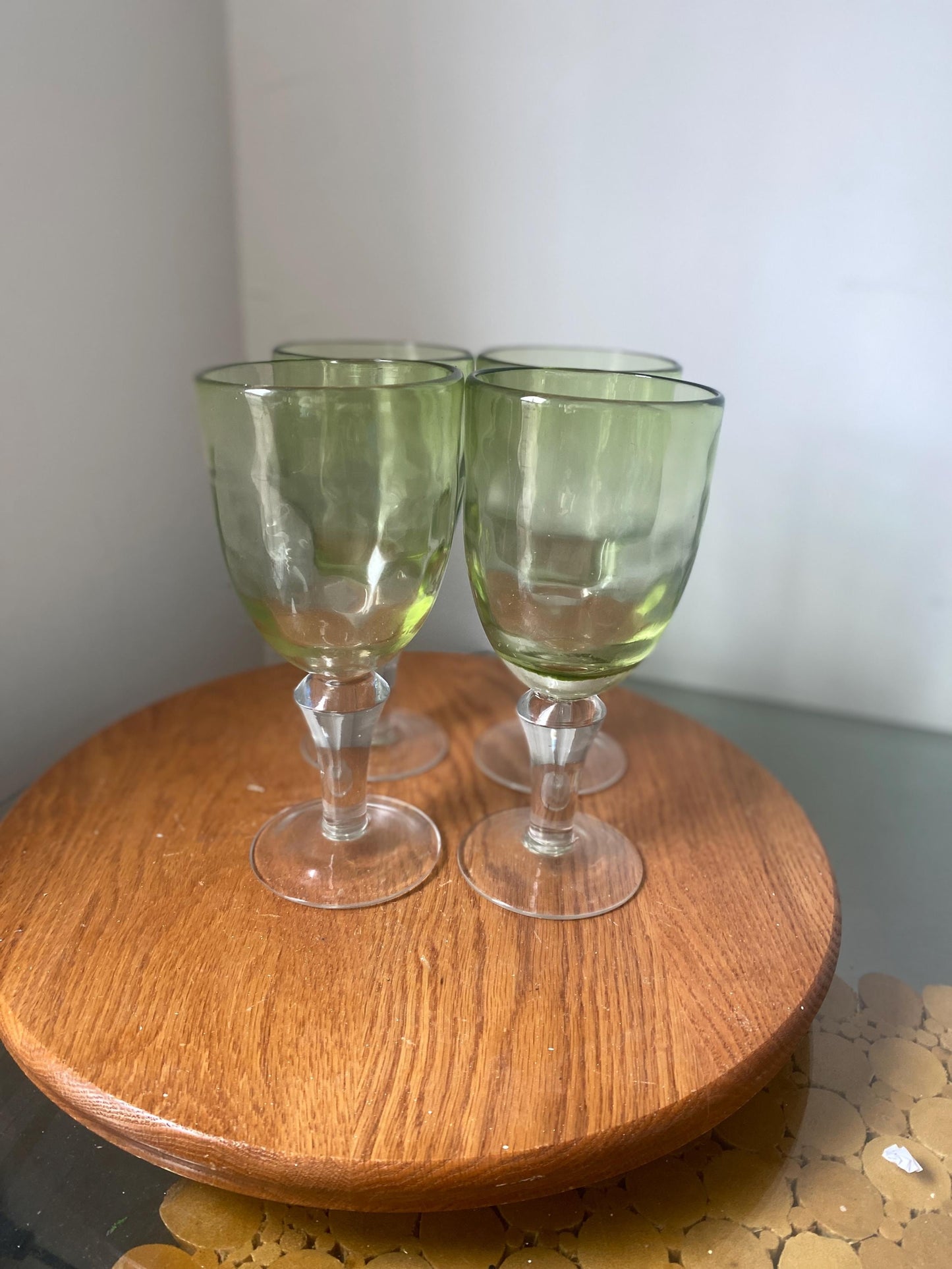 Set of 4 Vintage Heavy Light Green Bubble Glass Footed Wine Glasses