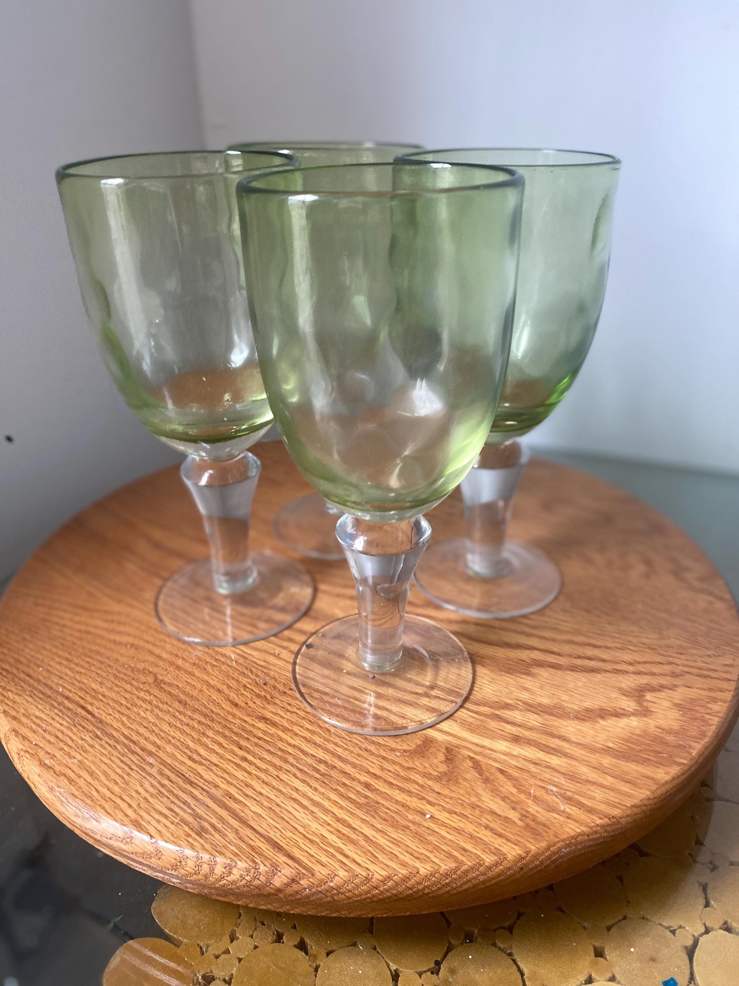 Set of 4 Vintage Heavy Light Green Bubble Glass Footed Wine Glasses