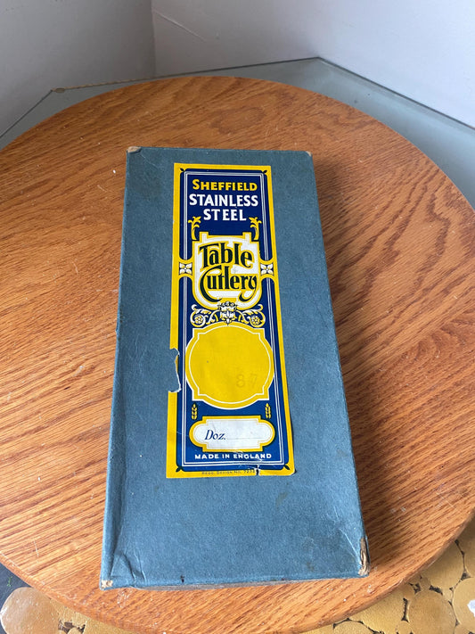 Set of 6 Antique Stainless Steel Sheffield Butter Knives with Celluloid Handle in Original Box Made in England