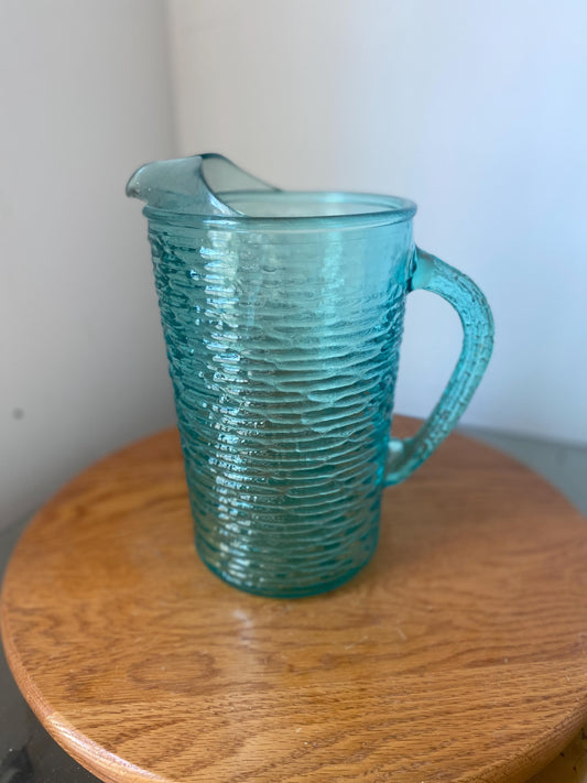 Large Vintage Textured Aqua Blue Glass Pitcher=
