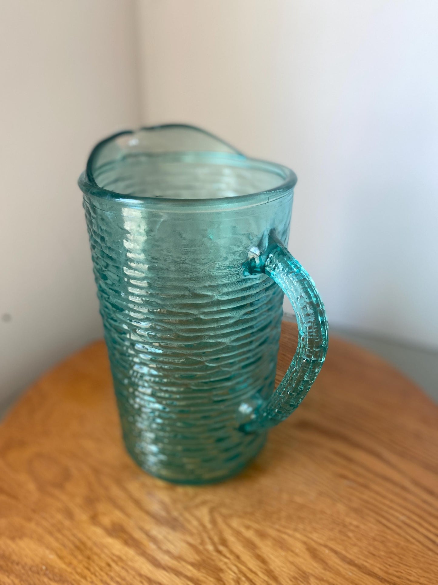 Large Vintage Textured Aqua Blue Glass Pitcher=