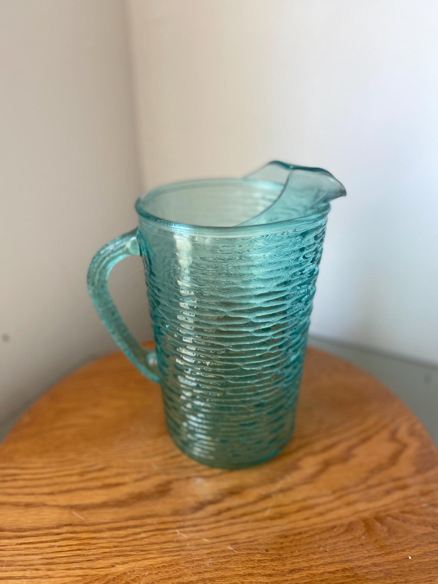 Large Vintage Textured Aqua Blue Glass Pitcher=