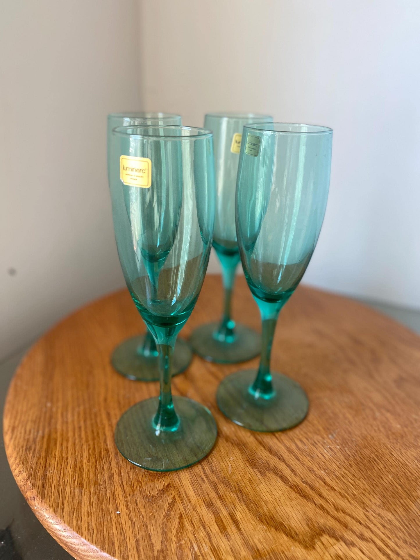 Vintage Set of 4 Aqua Blue Luminarc Champagne Flutes Made in France