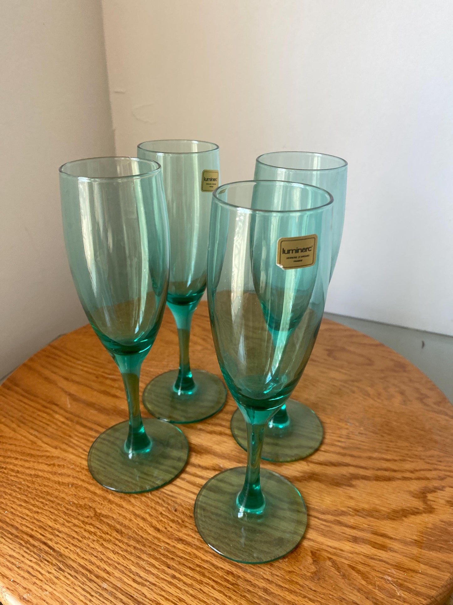 Vintage Set of 4 Aqua Blue Luminarc Champagne Flutes Made in France