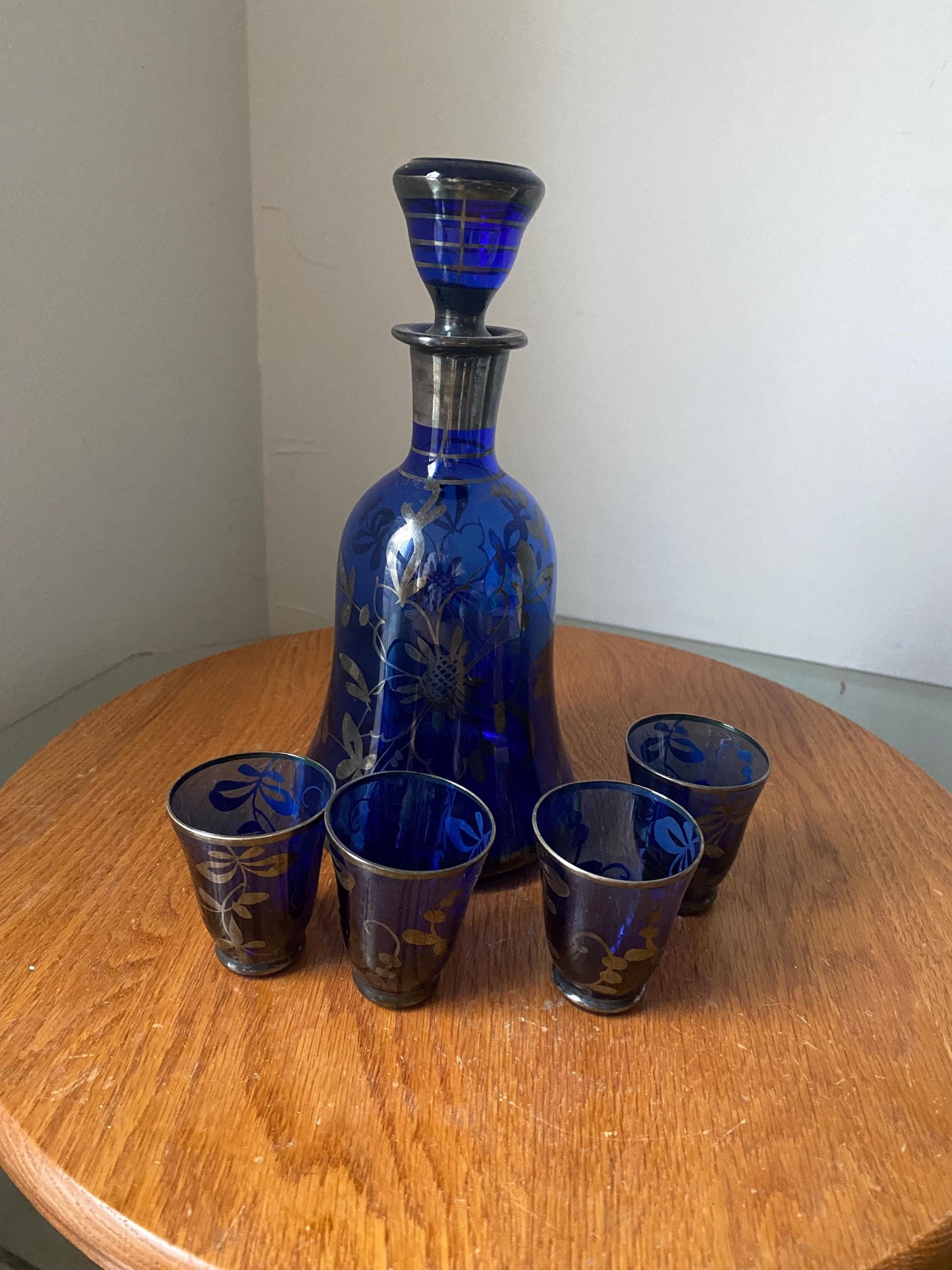 Vintage Cobalt Glass Decanter with Silver Overlay and 4 Small Glasses