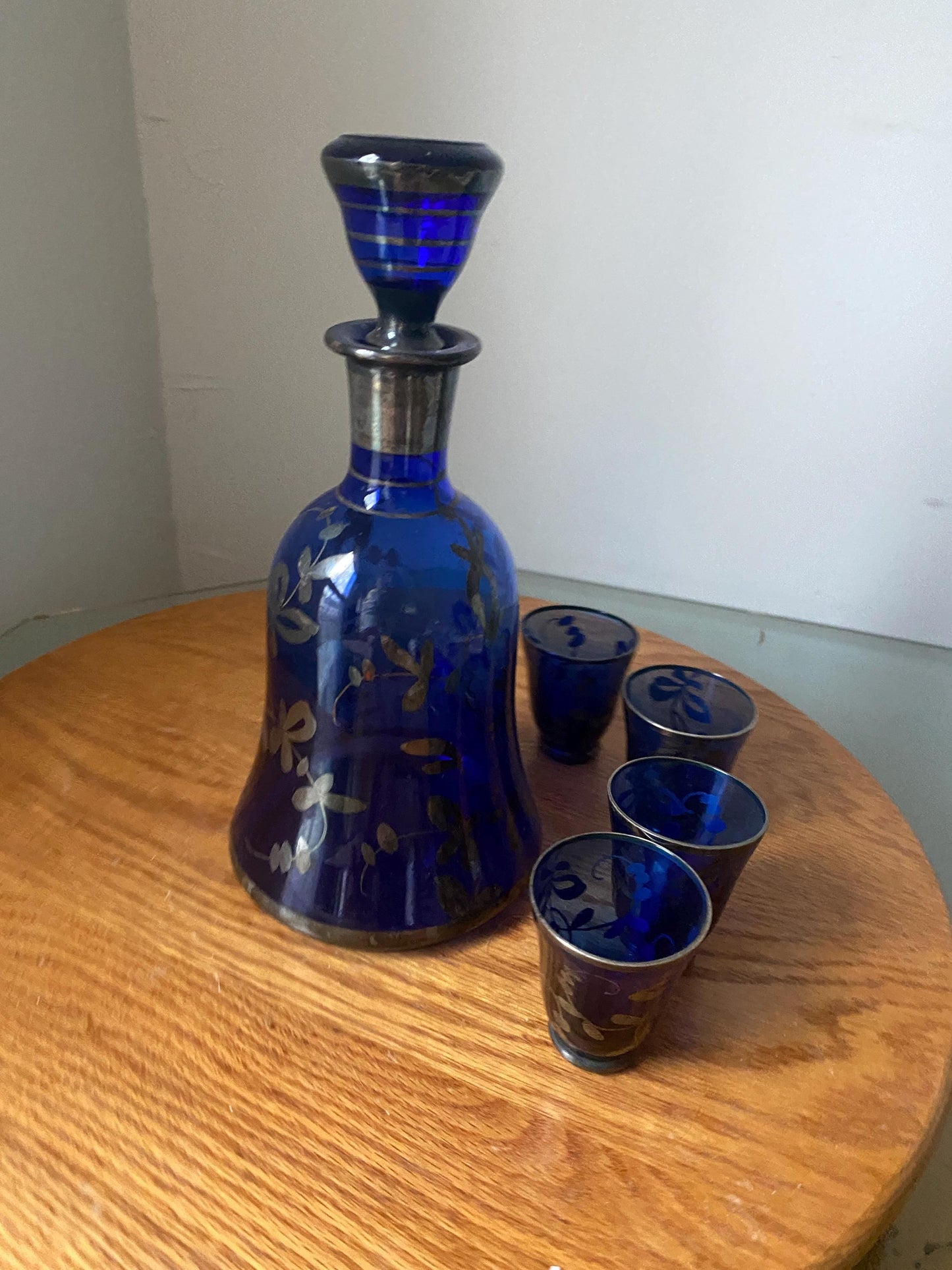 Vintage Cobalt Glass Decanter with Silver Overlay and 4 Small Glasses